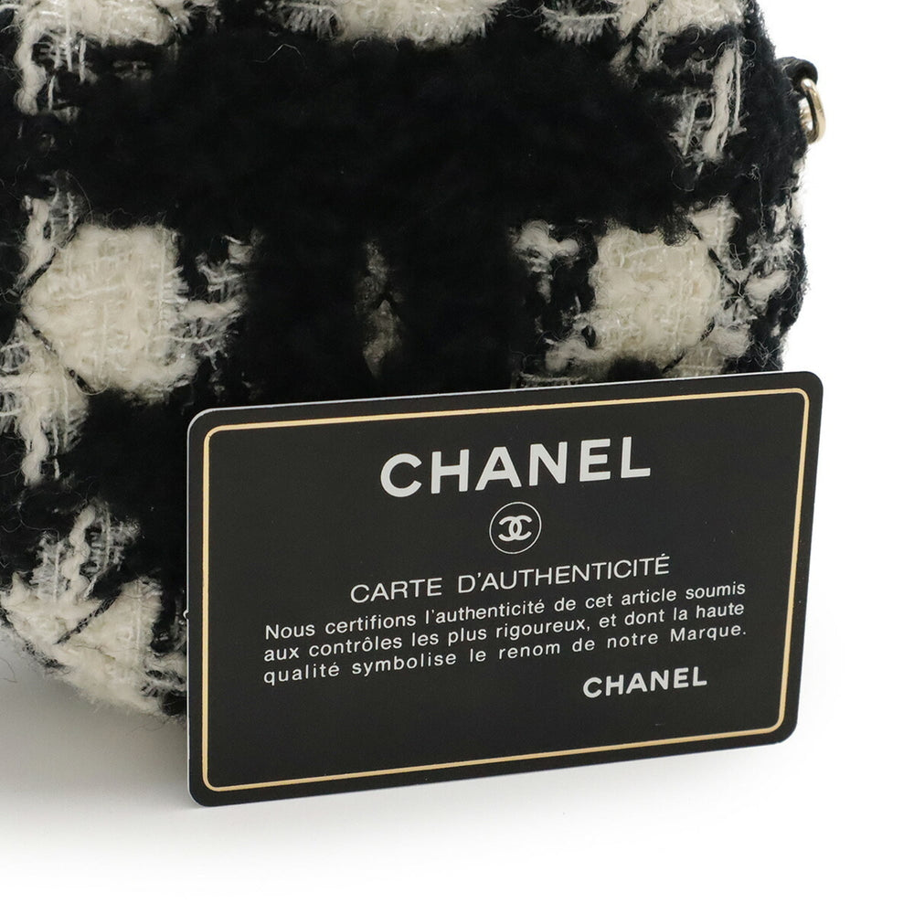 CHANEL Round Chain Shoulder Pochette in Houndstooth Tweed with Boa, Ivory and Black, AP0986 — Like New