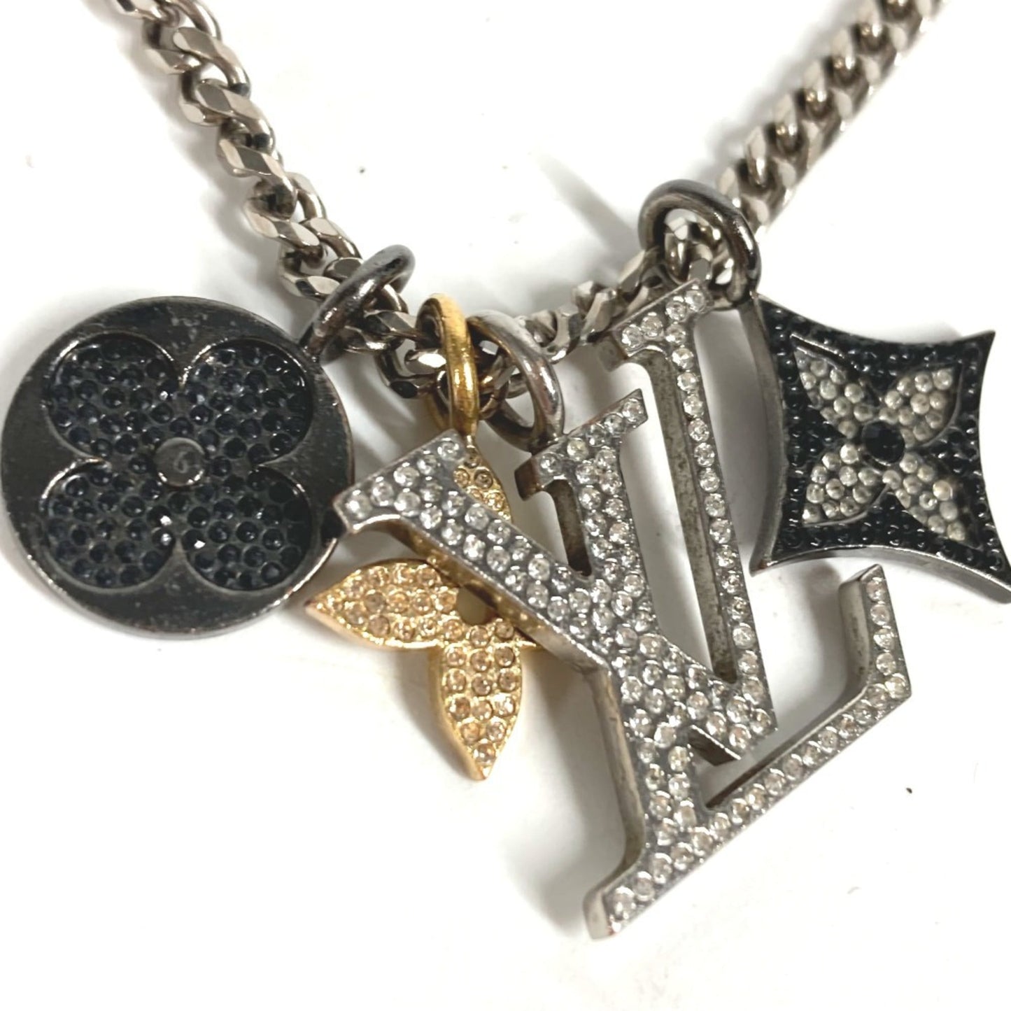 LOUIS VUITTON M00522 LV Instinct Strass Chain Necklace, Rhinestone Metal, Silver, Men's and Women's