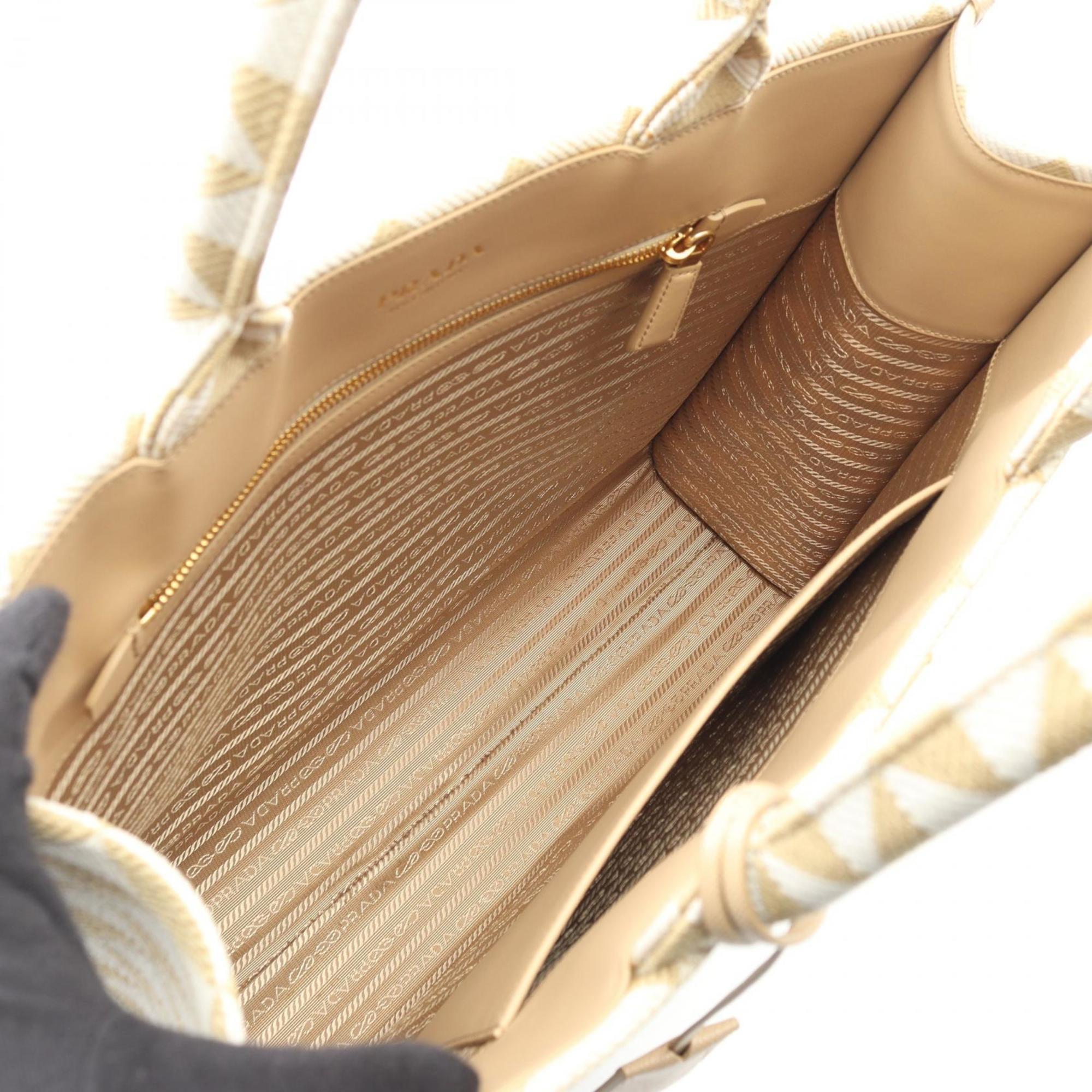 Prada Triangolo Jacquard Symbol Embroidery Tote Bag, Canvas, Women's, Beige and White, 1BA356