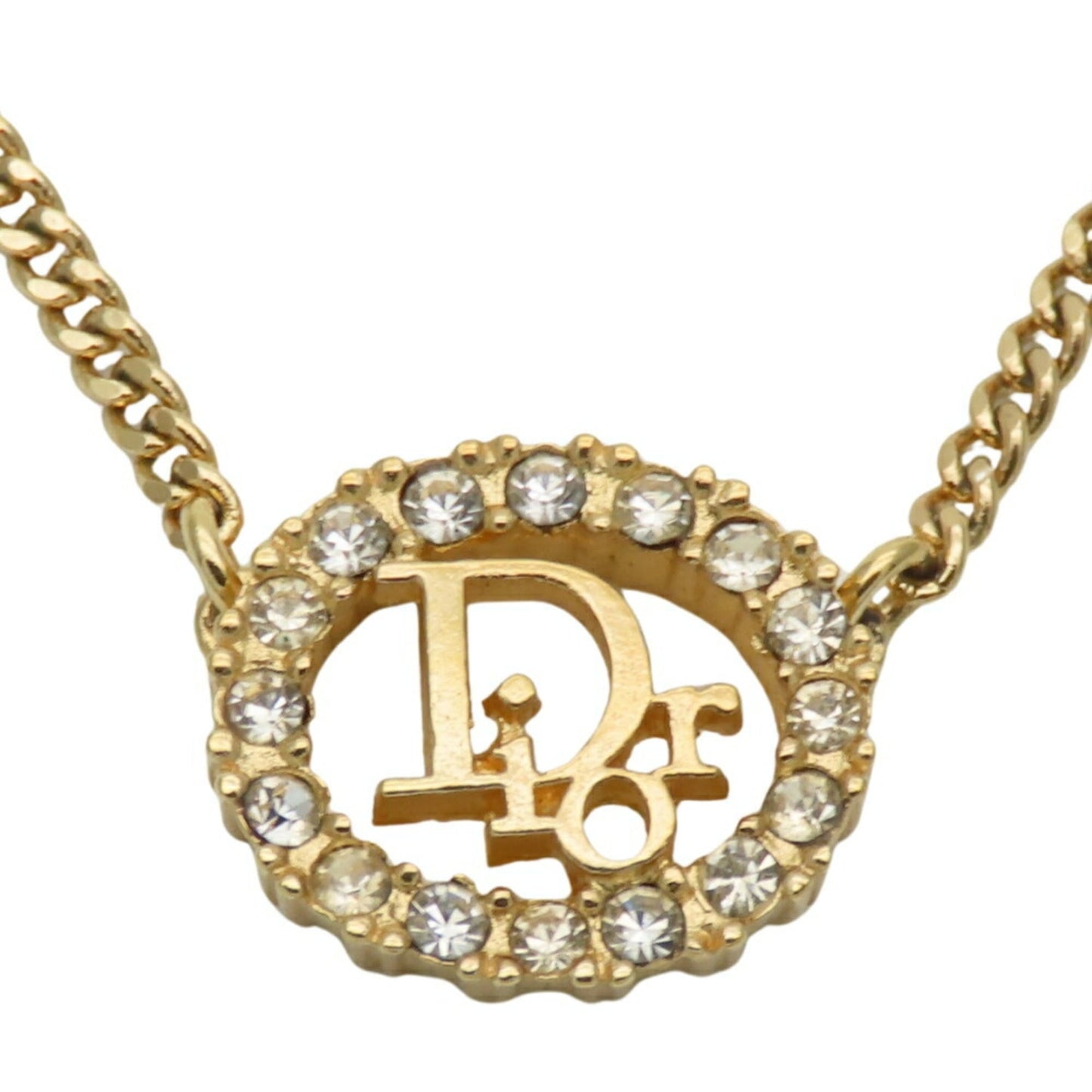 Christian Dior Necklace, Metal, Rhinestone, Gold Plated, GP, Women's,