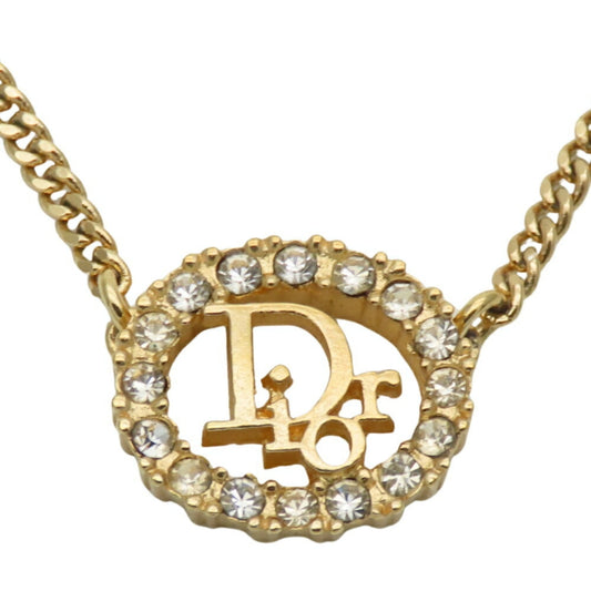 Christian Dior Necklace, Metal, Rhinestone, Gold Plated, GP, Women's,