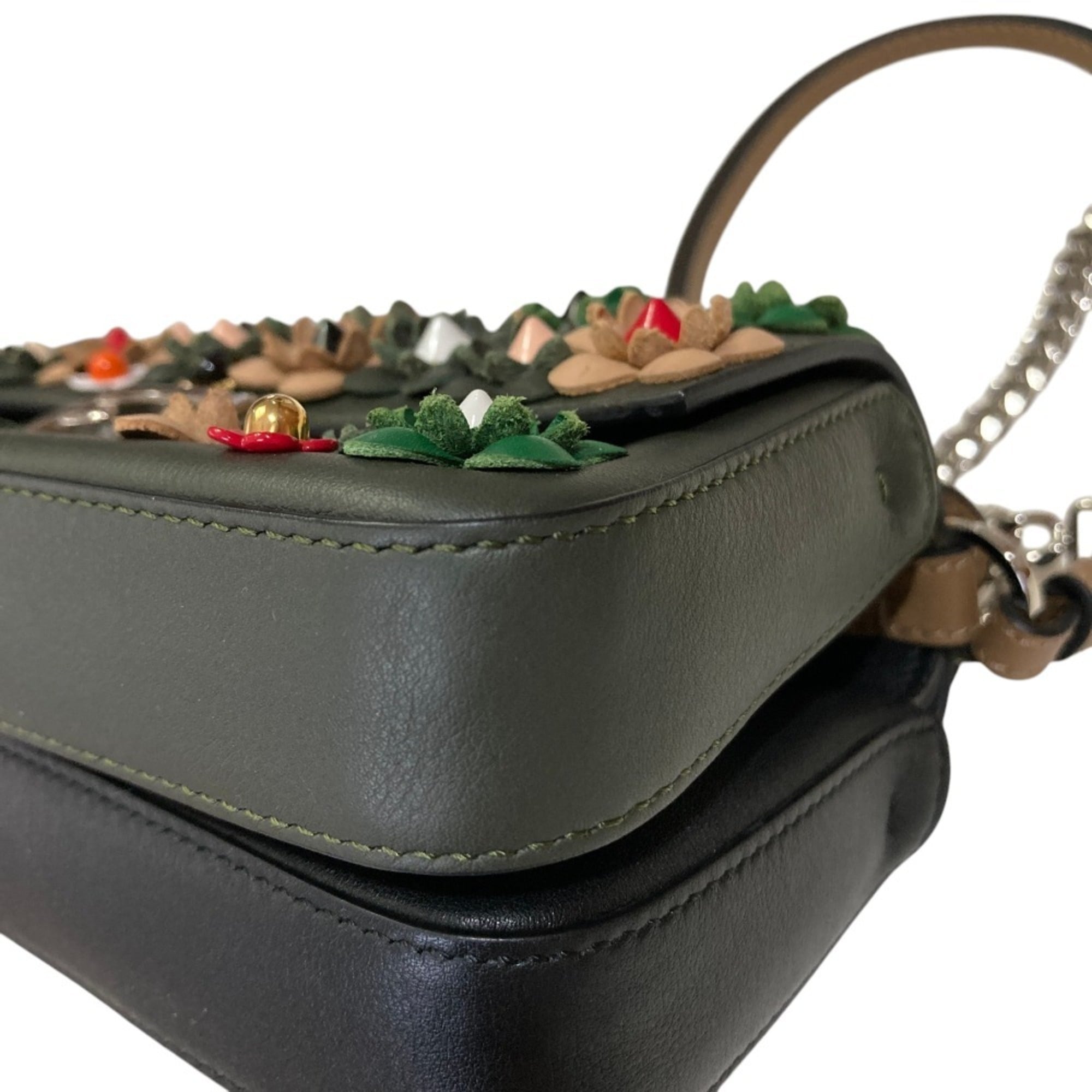 FENDI Fendi Applique Stud Flowerland Micro Double Bucket Chain Shoulder Bag Khaki Women's — Like New