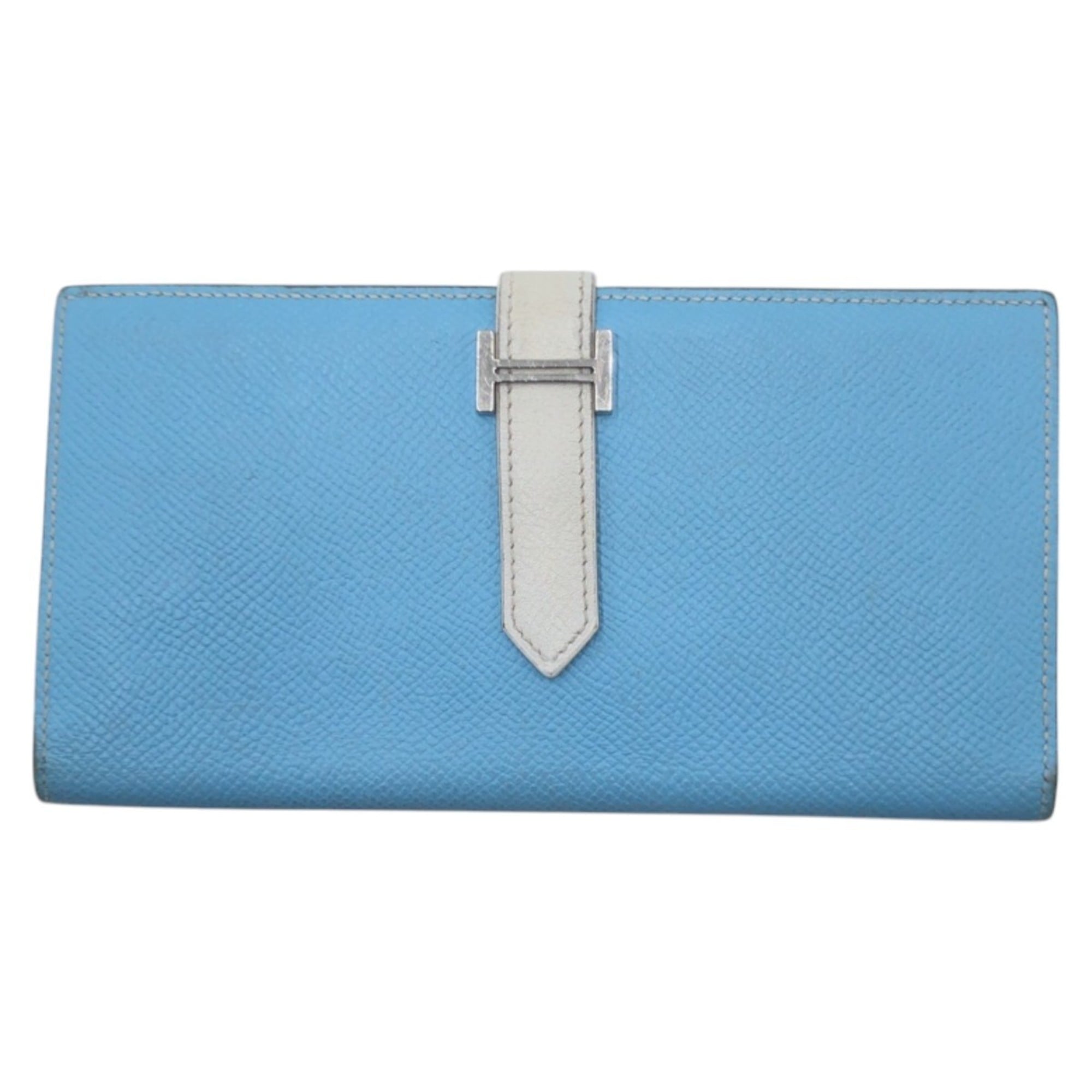 HERMES Bearn Soufflet Blue, Light and White Epsom Leather Long Wallet, □O ★ Stamped, Women's