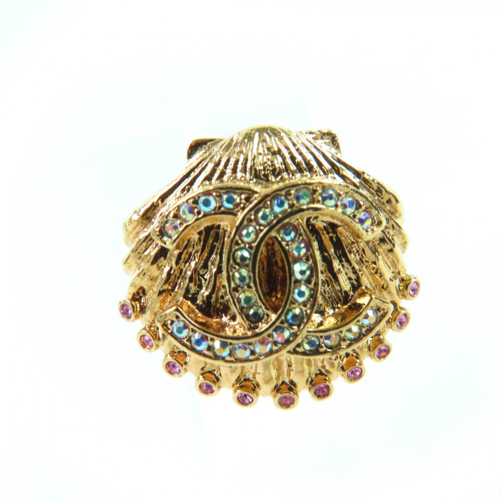 CHANEL G23C Coco Mark Rhinestone Shell Design Earrings, Gold, with Box, Made in France, Women's — Like New