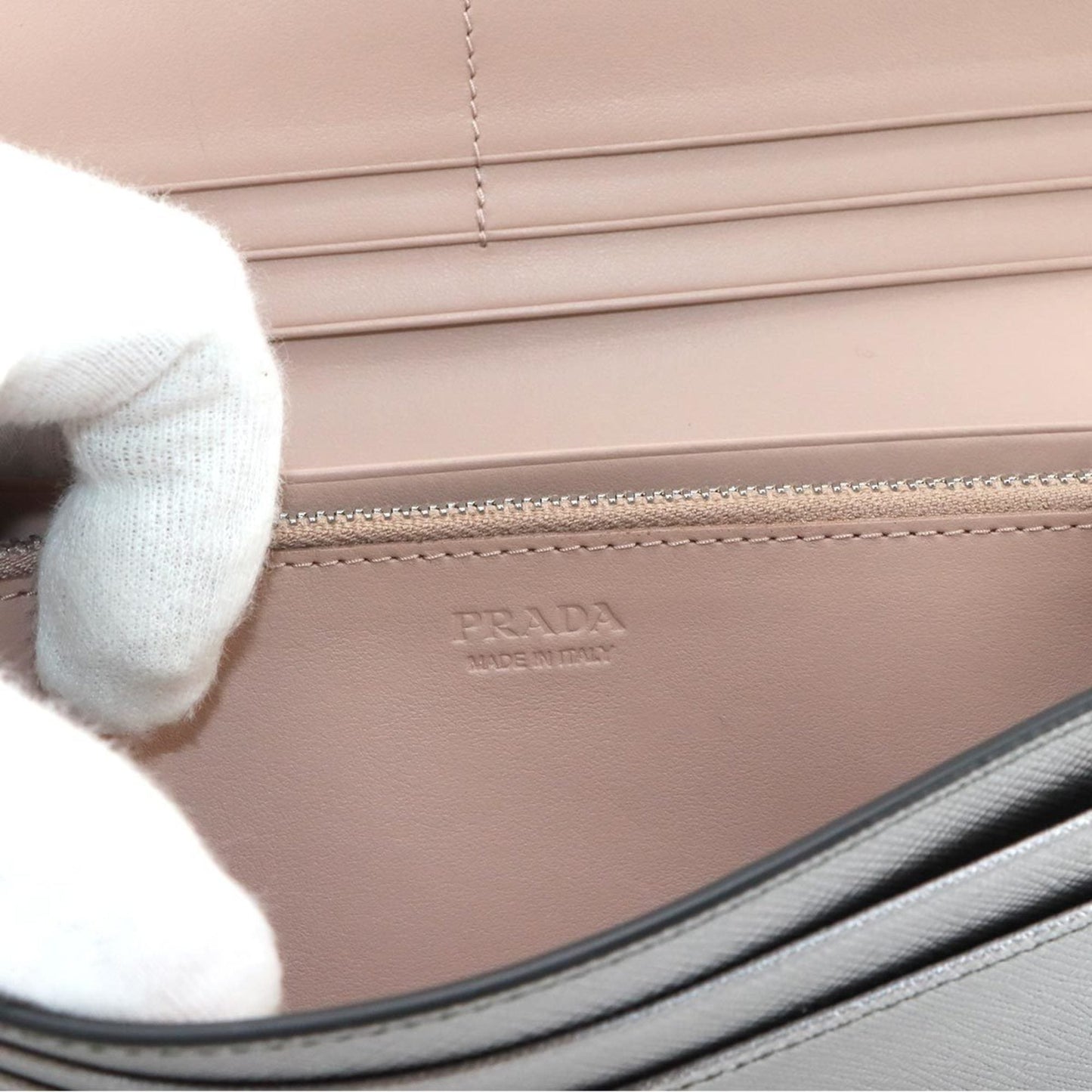 Prada Saffiano Bifold Long Wallet in Silver and Pink Beige Leather (1MH132) with Hardware