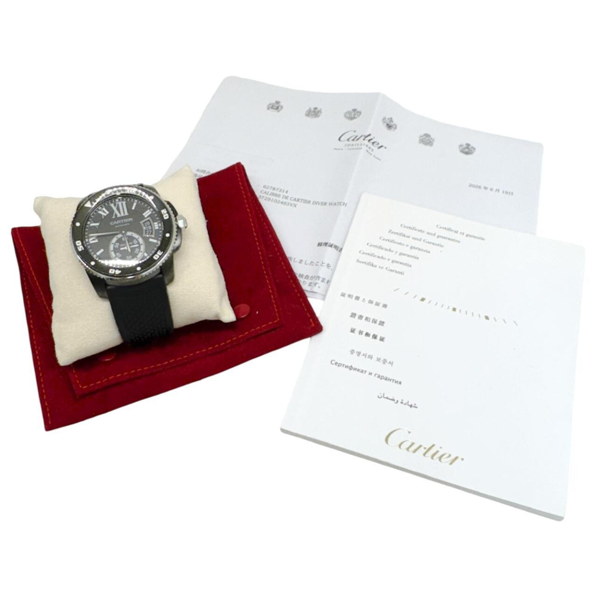CARTIER Calibre de Cartier Carbon Diver Date WSCA0006 Watch, Stainless Steel, Rubber Strap, Automatic, Black, Men's — Very Good