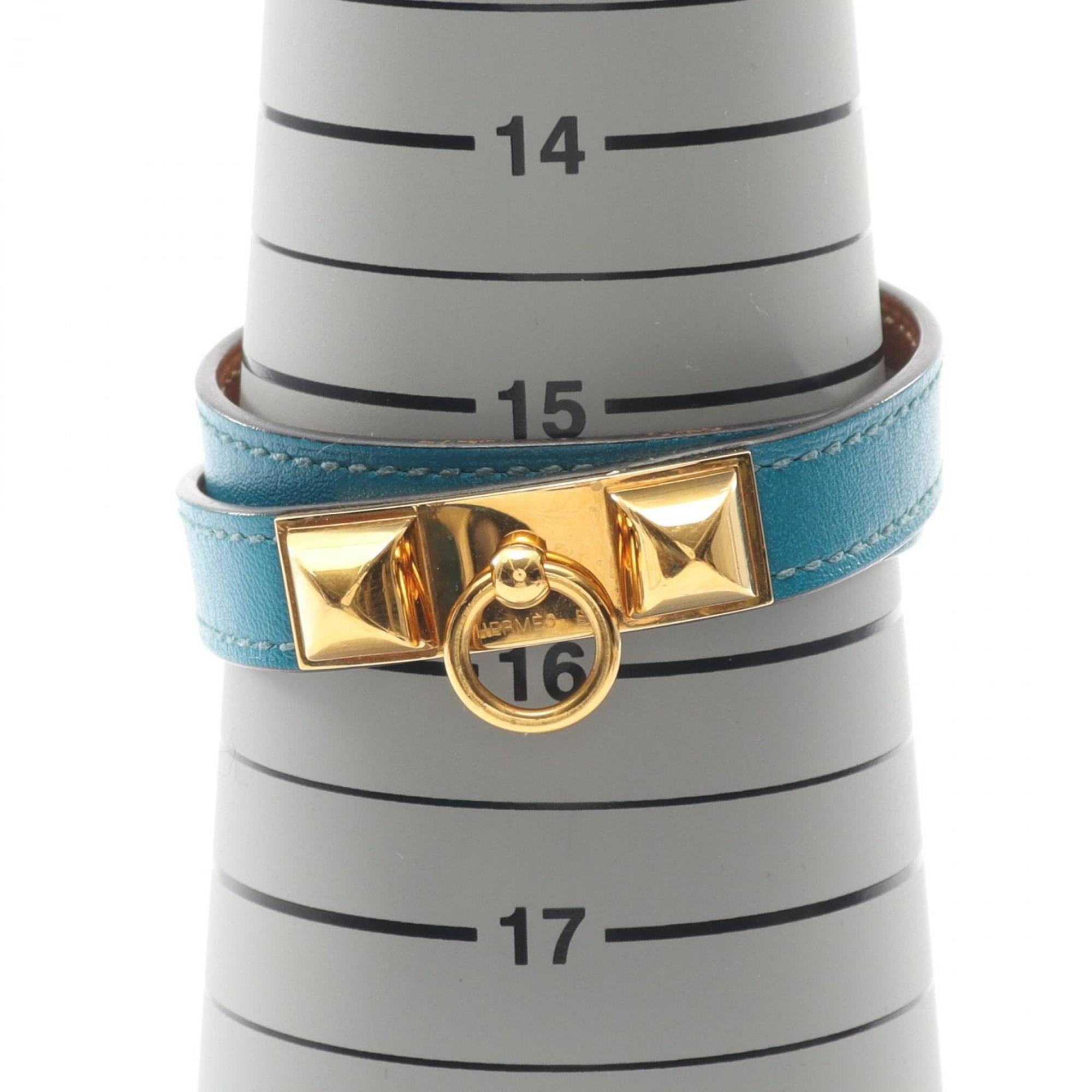 Hermes Hermès Rival Double Tour Bracelet, Leather, GP (Gold Plated), Women's, Blue, Gold