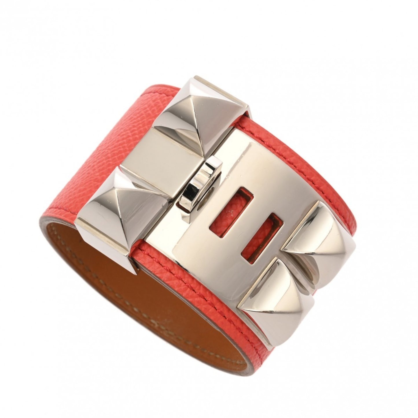 HERMES Collier de Chien GM Rose Jaipur Silver Hardware T Stamp (circa 2015) Unisex Epsom Leather Bracelet
