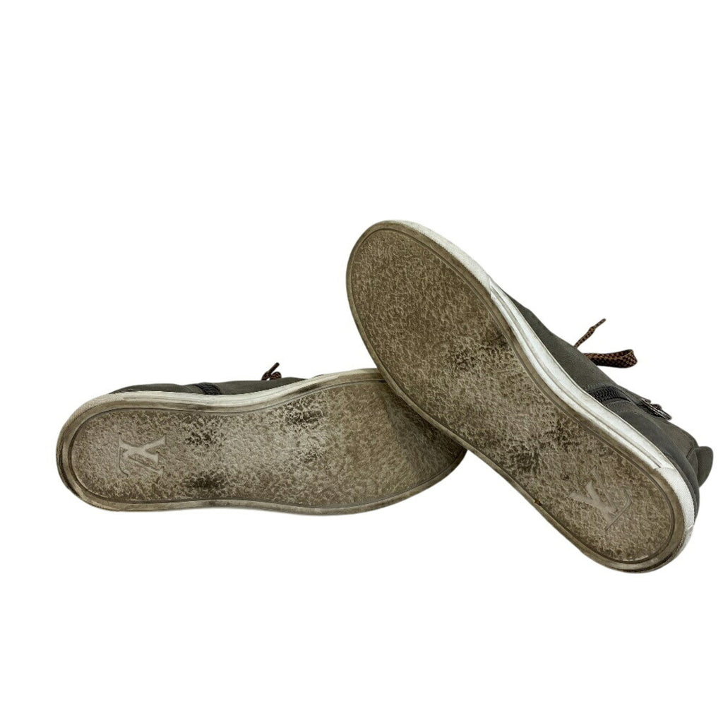 LOUIS VUITTON Men's Size 27 Side-Zip High-Top Sneakers with Peace Sign Patch, Gray