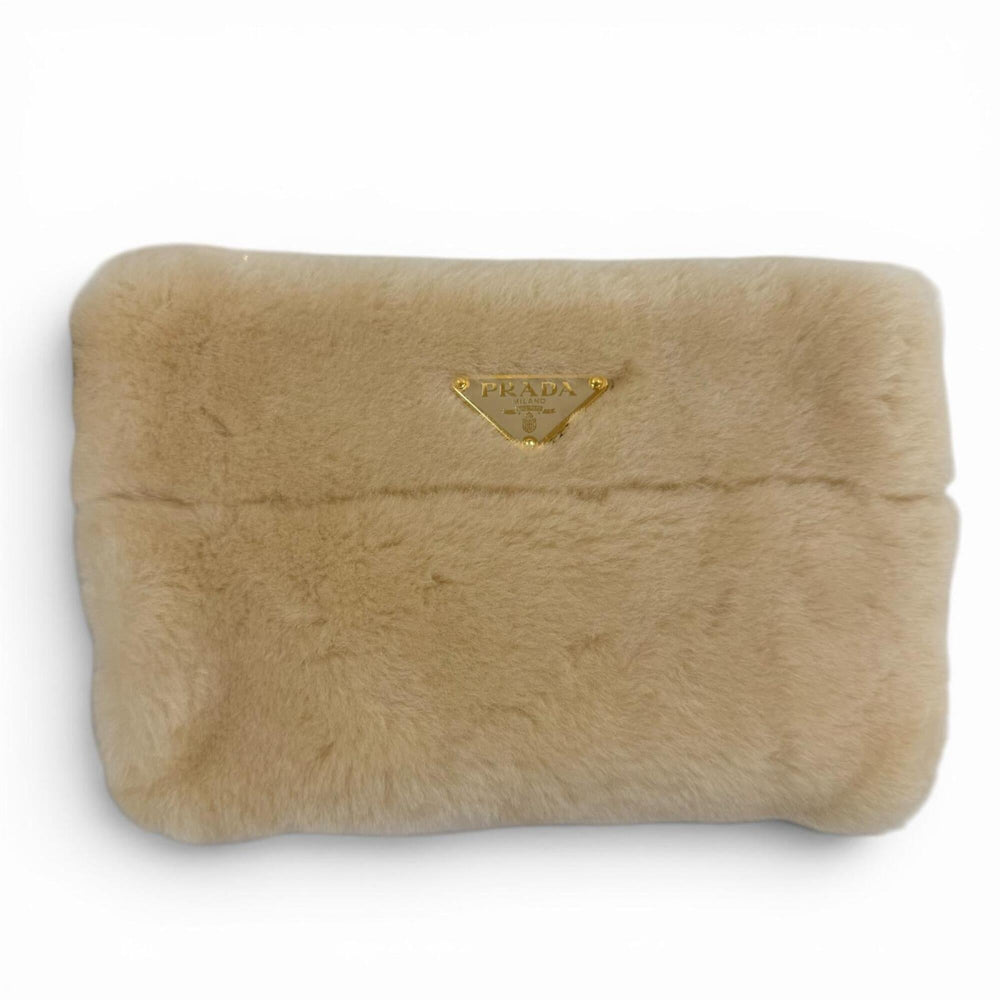 PRADA 1BG447 Terry Shearling Tote Sheepskin Triangle Logo Pouch Included 2-Way Shoulder Bag Beige Made in Italy Women's — Like New