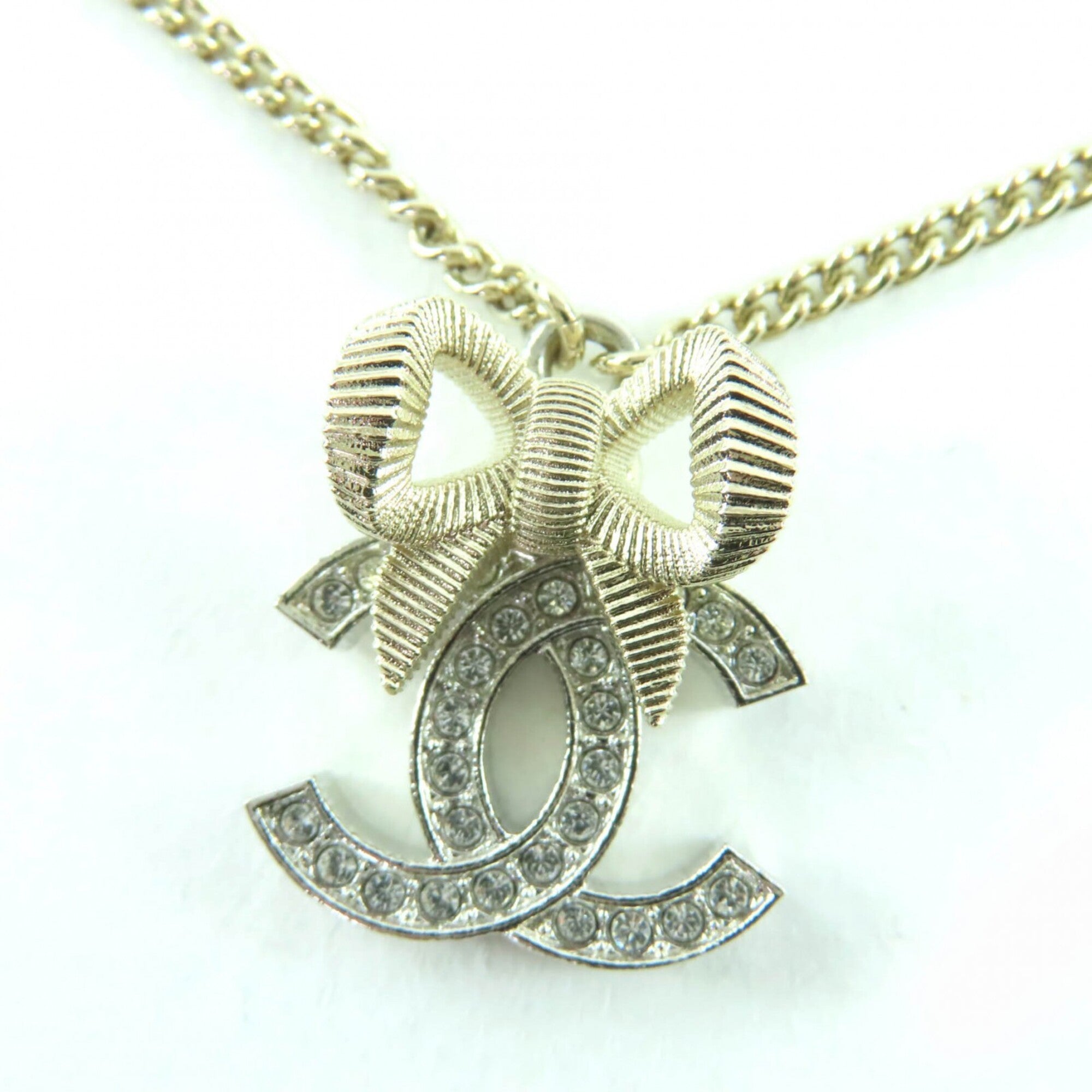 CHANEL B24K Coco Mark Ribbon Rhinestone Necklace, Champagne Gold, with Box, Made in Italy, Women's — Like New