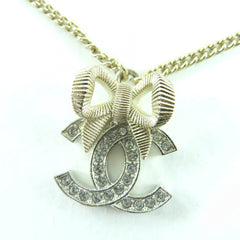 CHANEL B24K Coco Mark Ribbon Rhinestone Necklace, Champagne Gold, with Box, Made in Italy, Women's — Like New