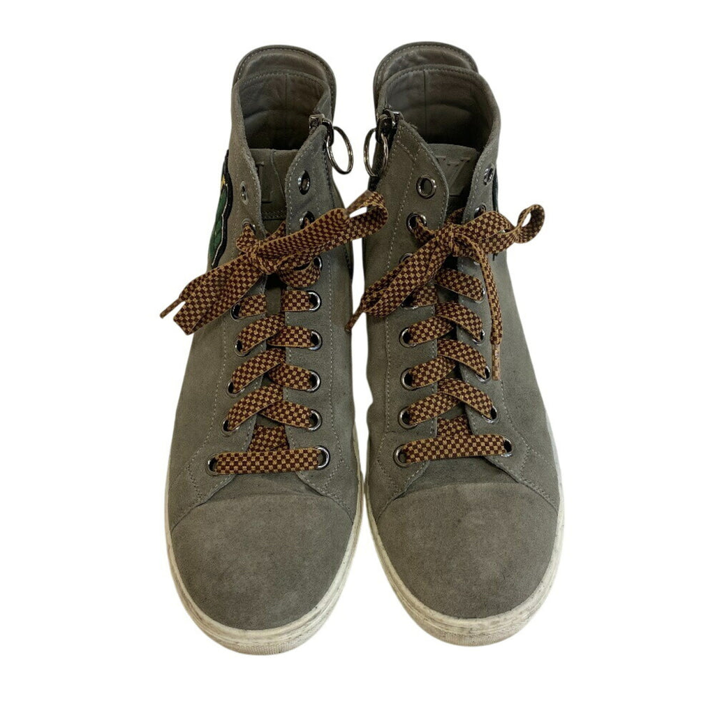 LOUIS VUITTON Men's Size 27 Side-Zip High-Top Sneakers with Peace Sign Patch, Gray