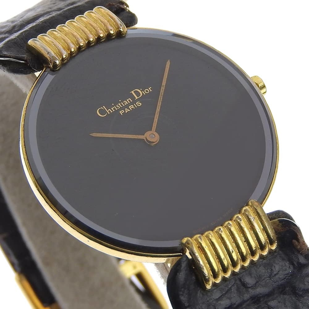 Christian Dior Bakira Watch 47.153-4 Gold Plated x Leather Strap Quartz Analog Black Dial Women's — Good
