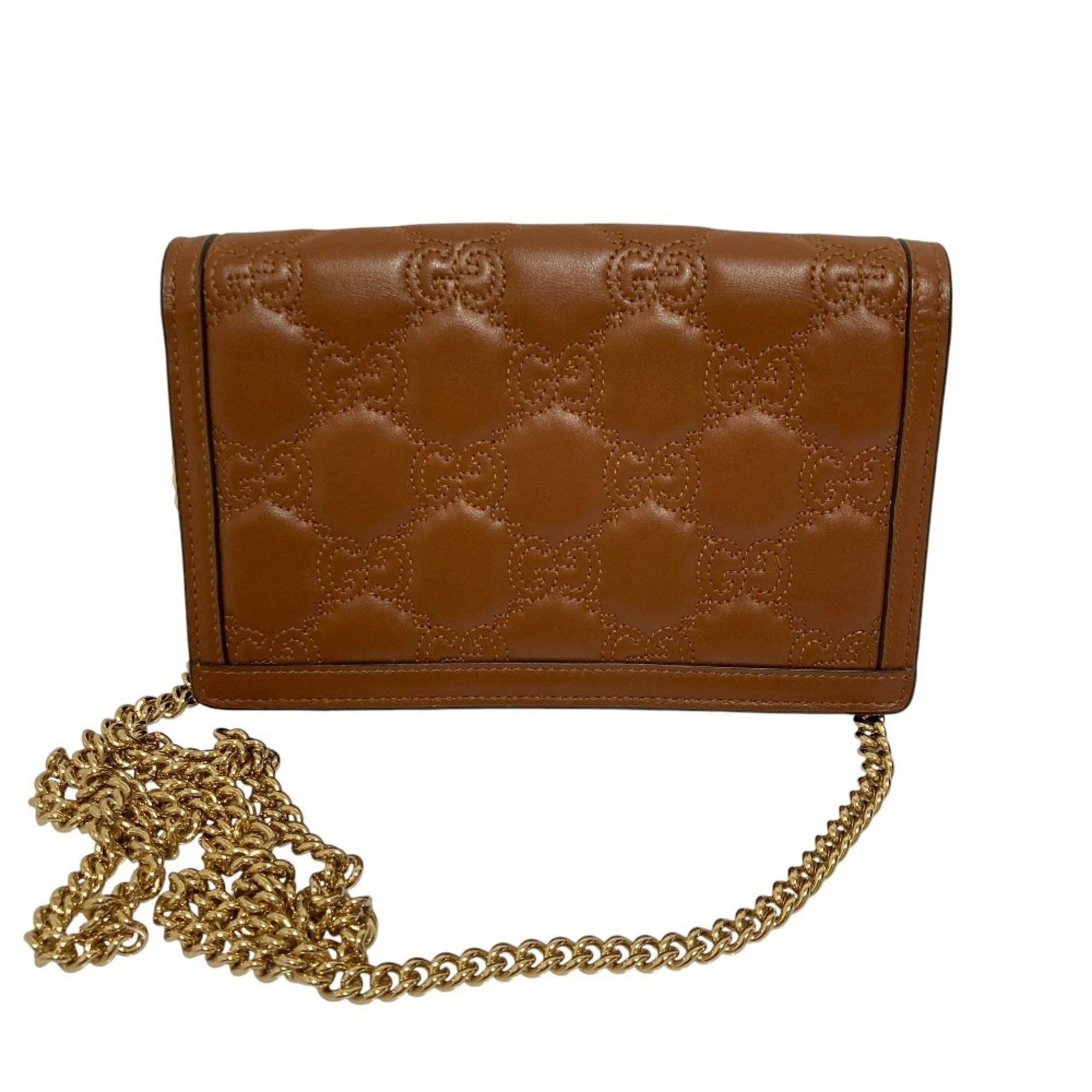 GUCCI GG Matelasse Leather Wallet, Chain Shoulder Bag, 723787, Brown, Women's — Like New