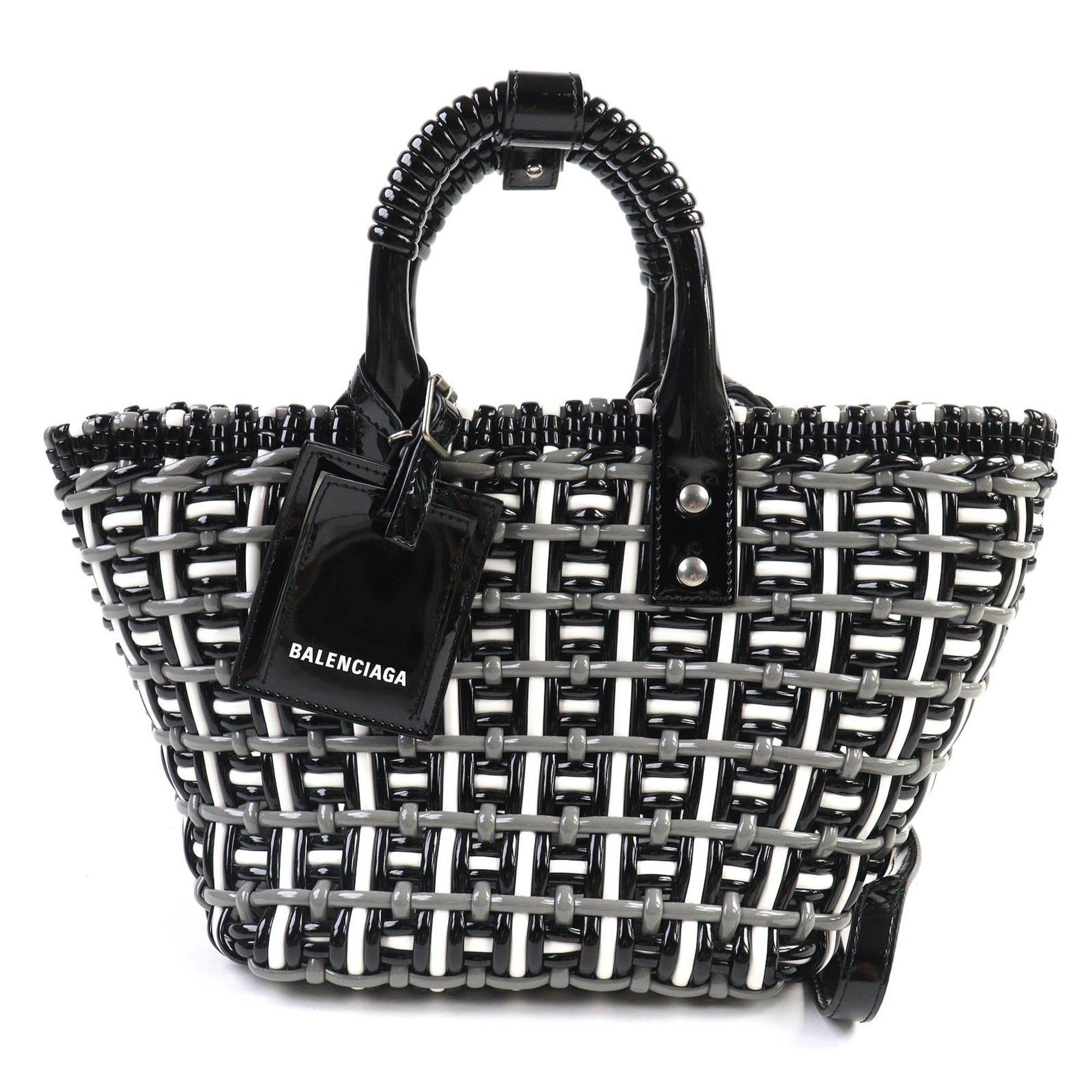 BALENCIAGA 671342 Bistro Basket Bag, XS, Enamel, 2-Way Handbag/Shoulder Black, Gray, White, Includes Dust Made in Italy, Women's — Like New