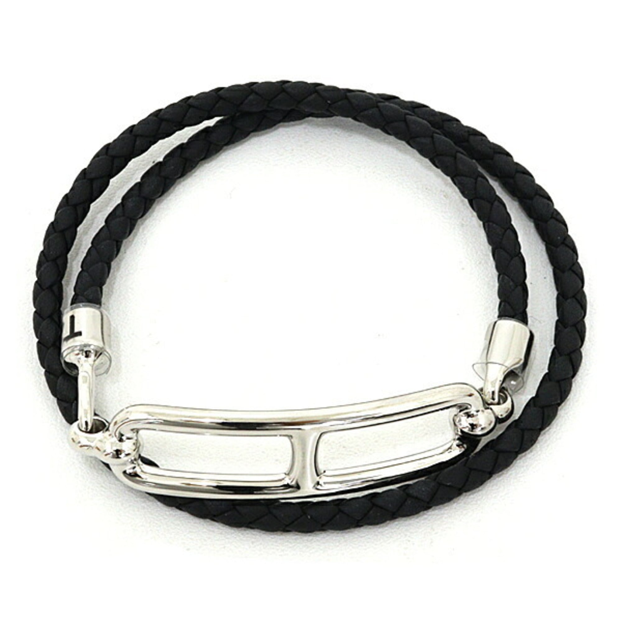 Hermes leather bracelet "Luri" Double Tour, Veau Swift leather, black and silver — Like New