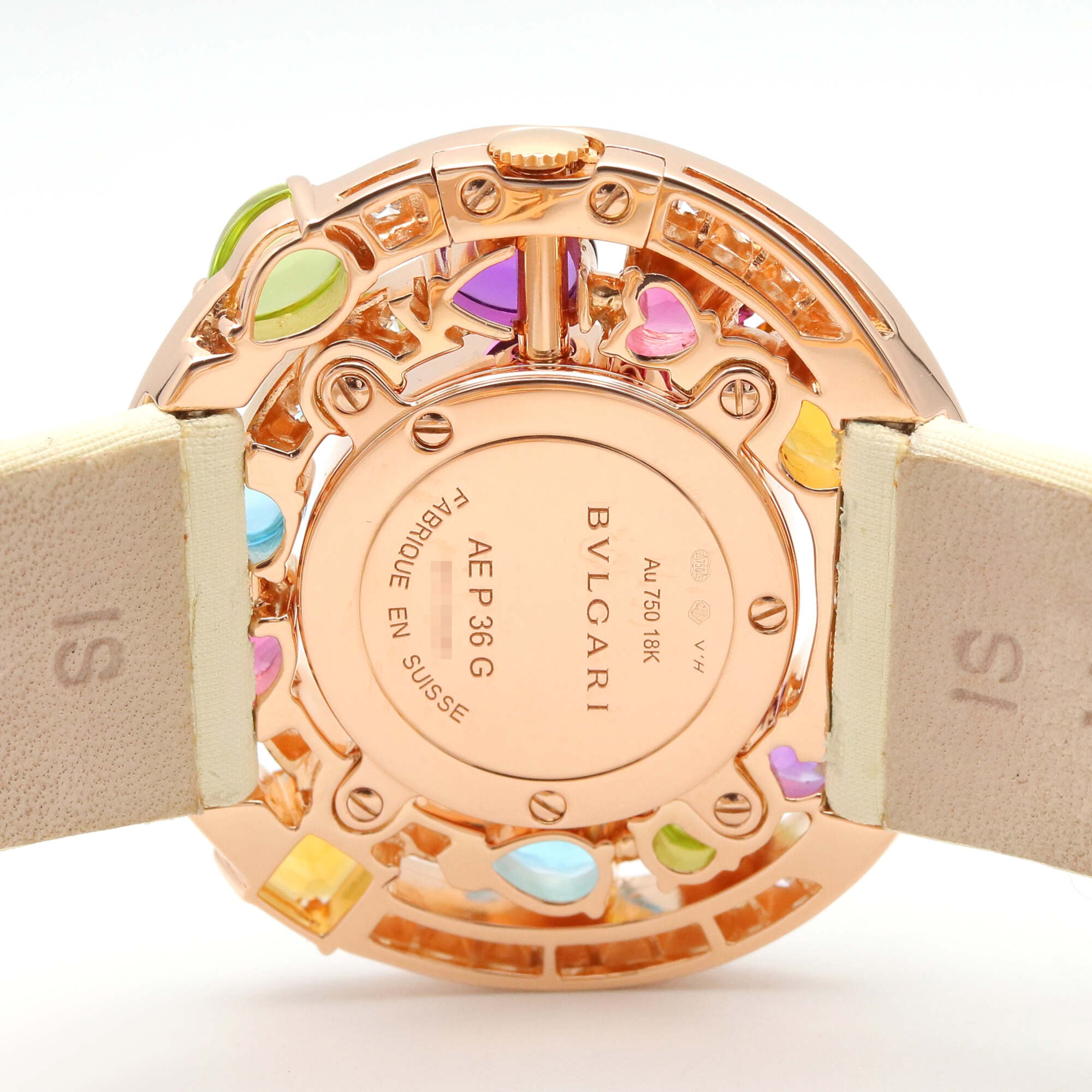 Bulgari BVLGARI Astrale Cerchi Diamond & Colored Stone Watch, 18K Pink Gold (PG), Diamond, Leather Strap, Women's, White, White Shell, AEP36G — Very Good