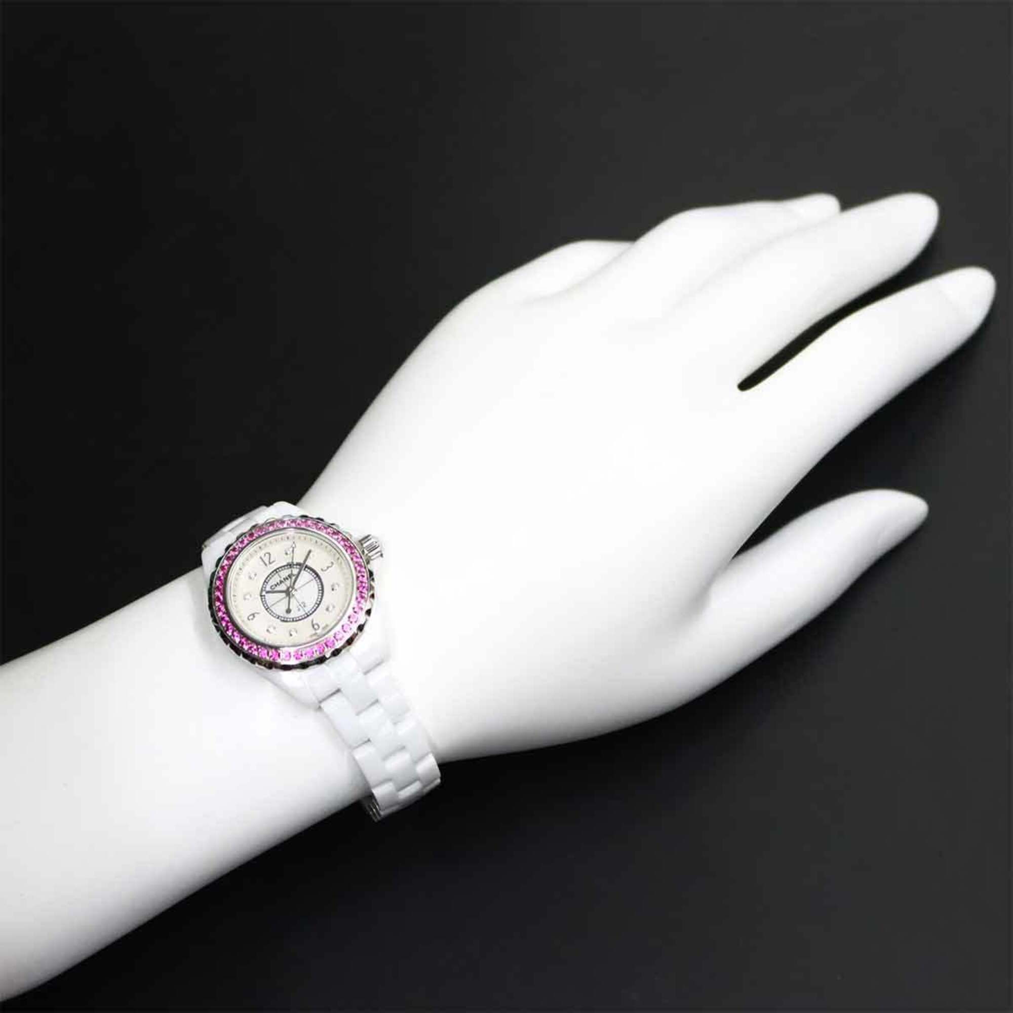 Chanel J12 29mm H3243 Women's Watch, Pink Sapphire Bezel, 8 Diamonds, White Shell Ceramic Quartz Watch — Like New