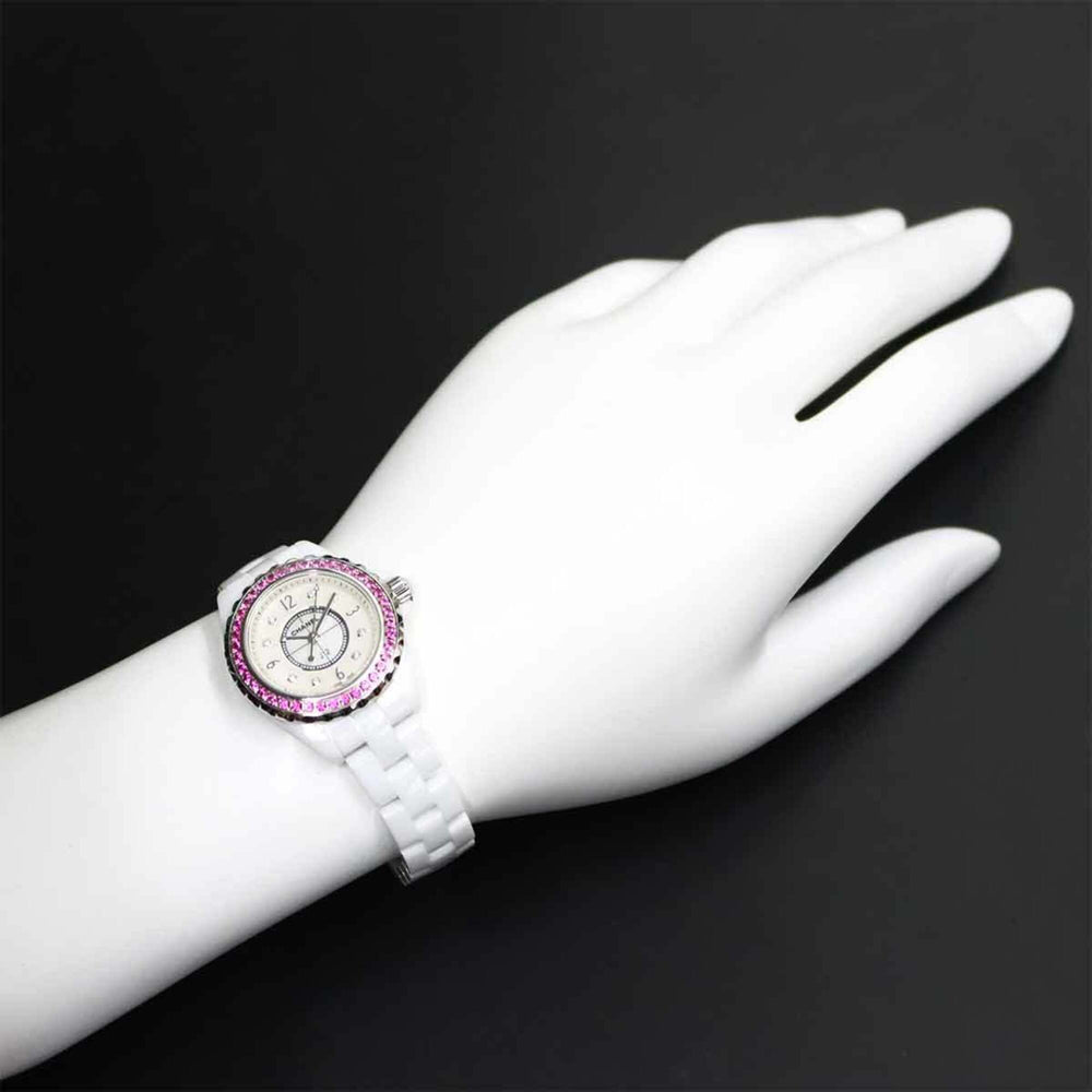 Chanel J12 29mm H3243 Women's Watch, Pink Sapphire Bezel, 8 Diamonds, White Shell Ceramic Quartz Watch — Like New