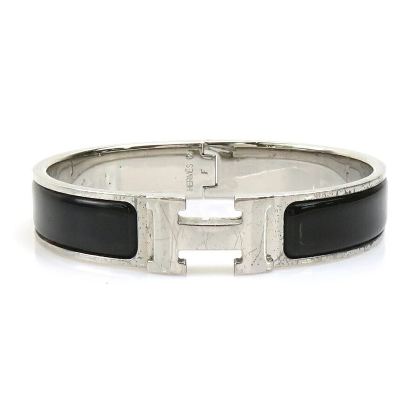 Hermes Hermès Click-Clack Metal Enamel Bangle Bracelet in Silver and Black for Women (e60747a)