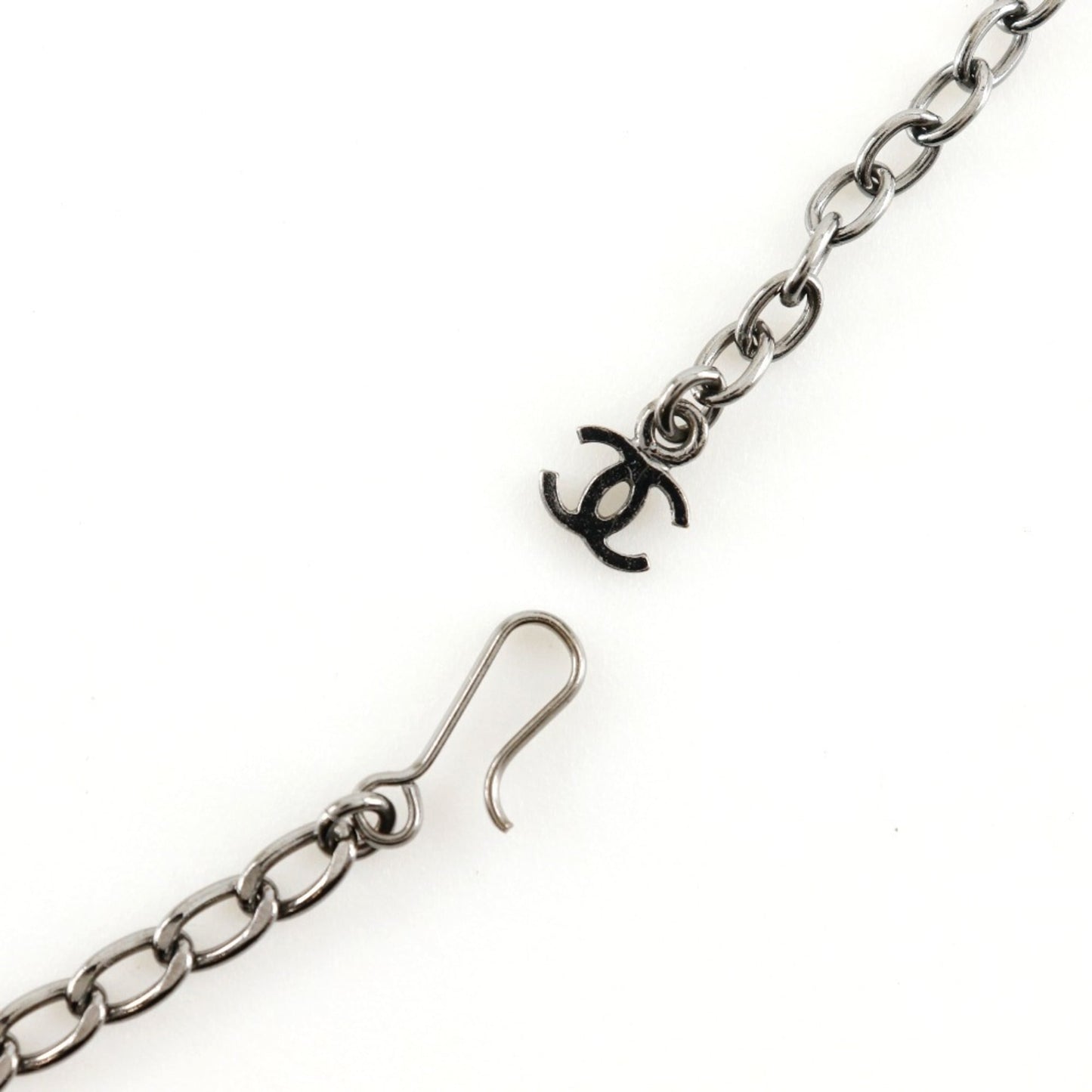 CHANEL COCO Mark Necklace with Rhinestones, 2003, Silver/Black, 03A, Approx. 34.1g, Women's