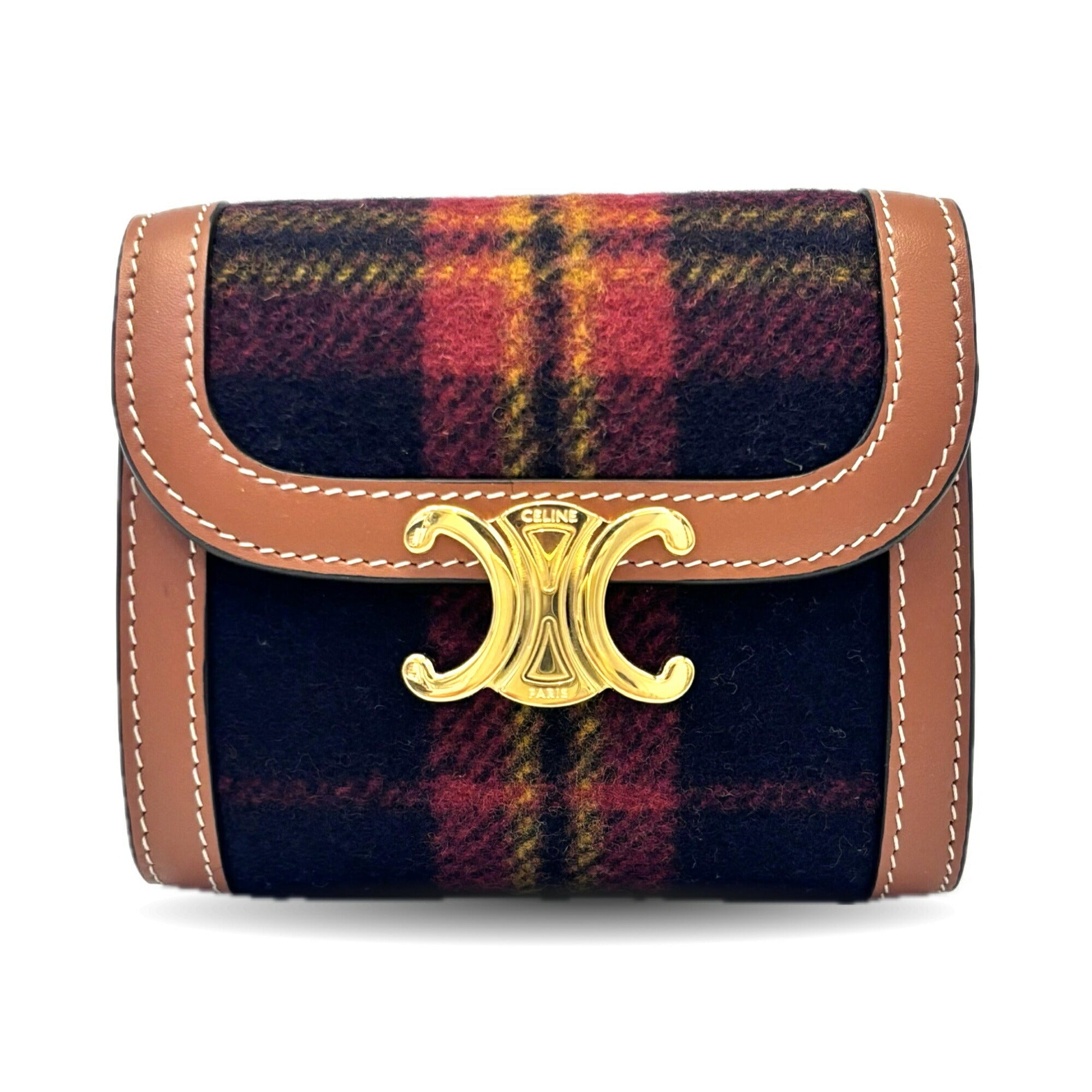 Celine Small Flap Wallet Triomphe Tartan Check Ladies Bi-fold Red 10D783DPV CELINE