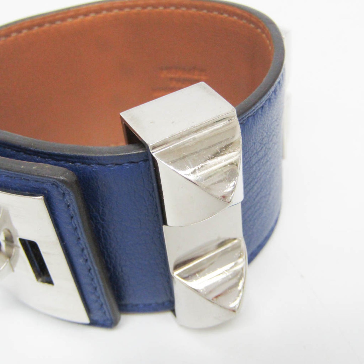 Hermes Collier De Chien Leather,Metal Bangle Silver,Bleu Saphir
