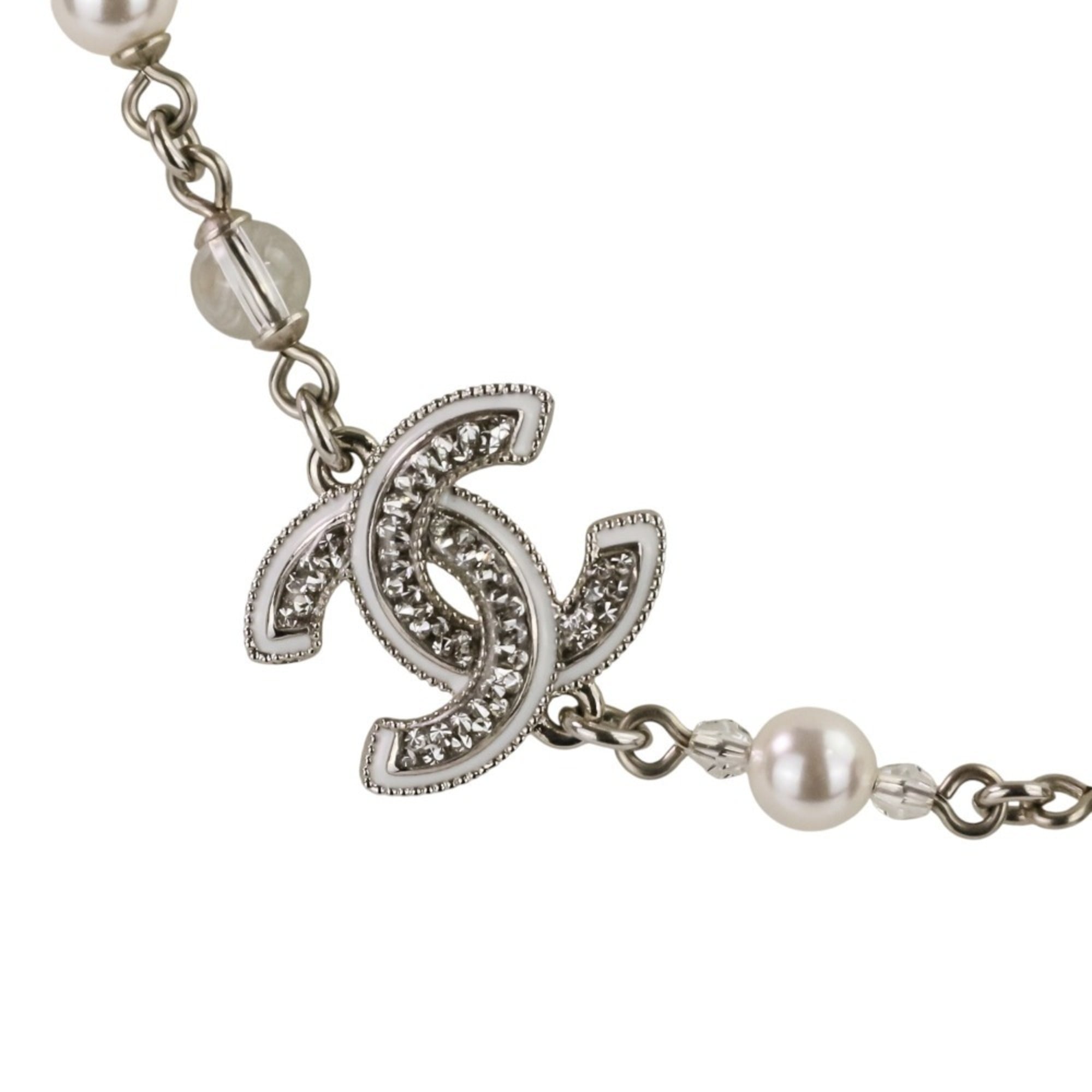 A25C CHANEL Rhinestone Coco Mark Pearl Necklace, Silver/White, Women's — Like New