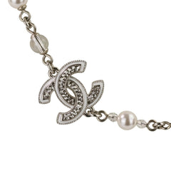 A25C CHANEL Rhinestone Coco Mark Pearl Necklace, Silver/White, Women's — Like New