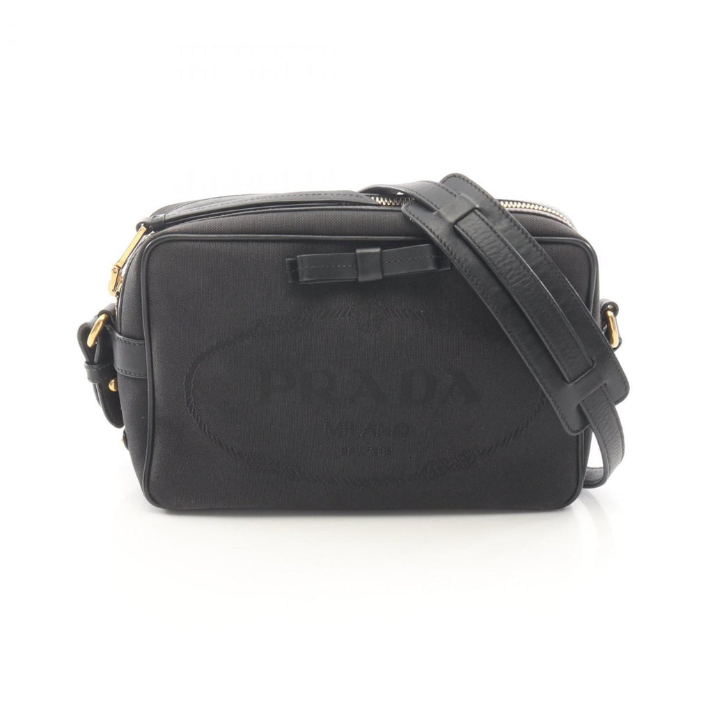 Prada Logo Jacquard Shoulder Bag in Canvas and Leather, Black