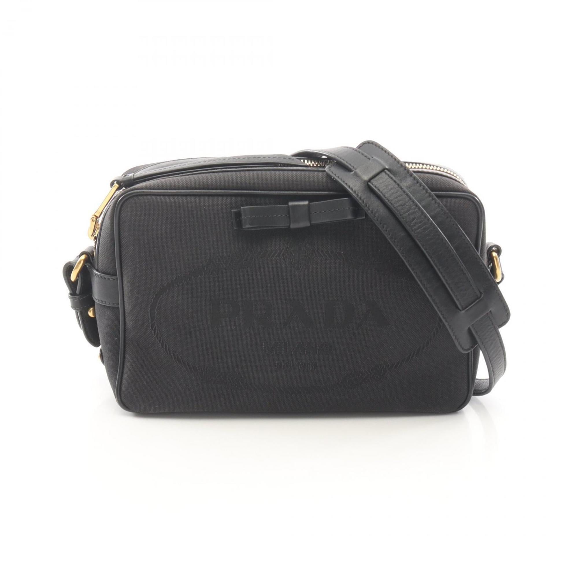 Prada Logo Jacquard Shoulder Bag in Canvas and Leather, Black