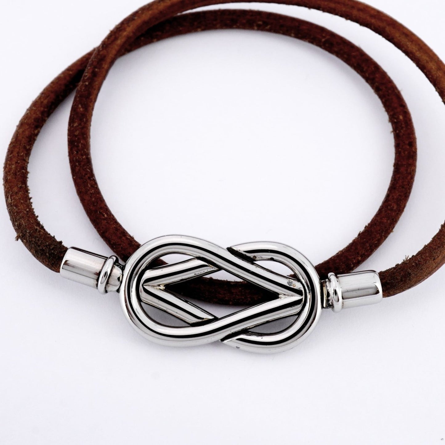 Hermes Hermès Atame Bracelet, 2-Row, Metal, Leather, Silver, Brown, Men's and Women's