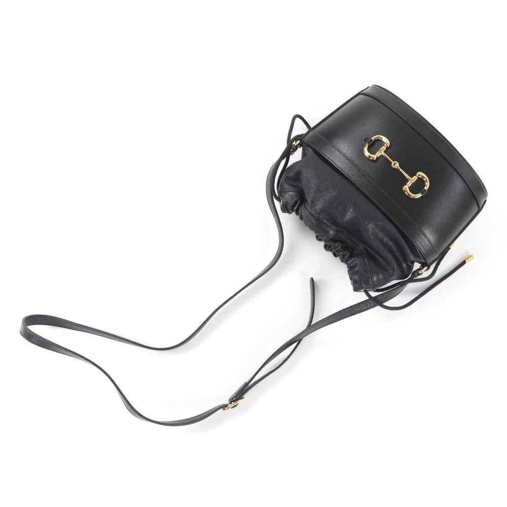 GUCCI 602118 Horsebit Leather Bucket Bag Shoulder Black Gold Hardware with Dust Made in Italy Women's — Like New
