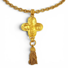 CHANEL Vintage 94A Coco Mark Gripoix Cross Fringe Long Necklace, Rare Gold, Made in France, Women's — Like New