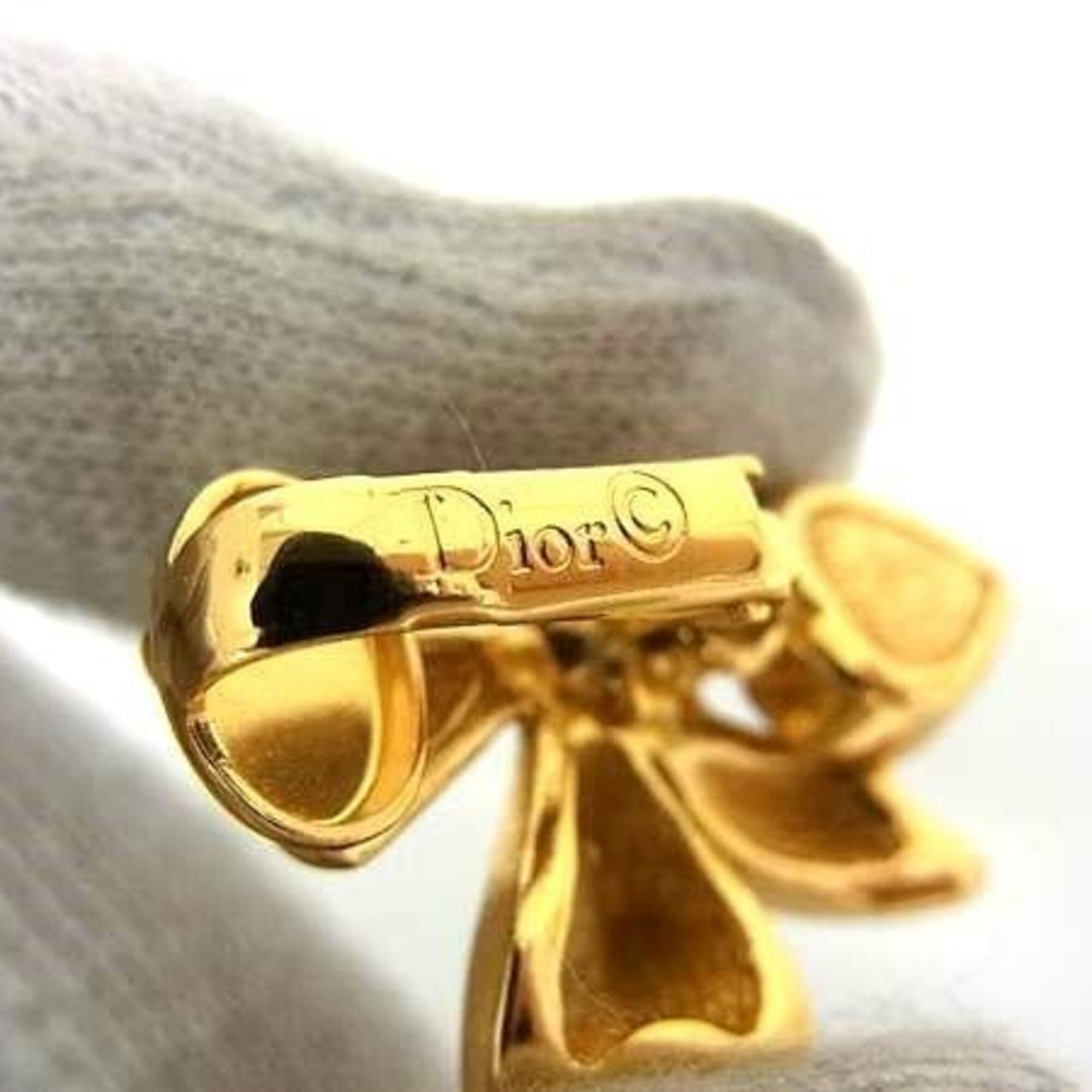 Christian Dior Earrings, Ribbon Motif, Gold Metal, Rhinestone, Women's — Like New