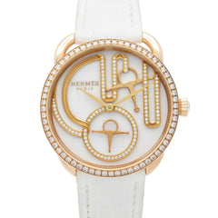 Hermes Arceau Grande Turarara Bride et Maure Watch, 18K Pink Gold (PG), Diamond, Leather Strap, Women's, White (AR12.671) — Very Good