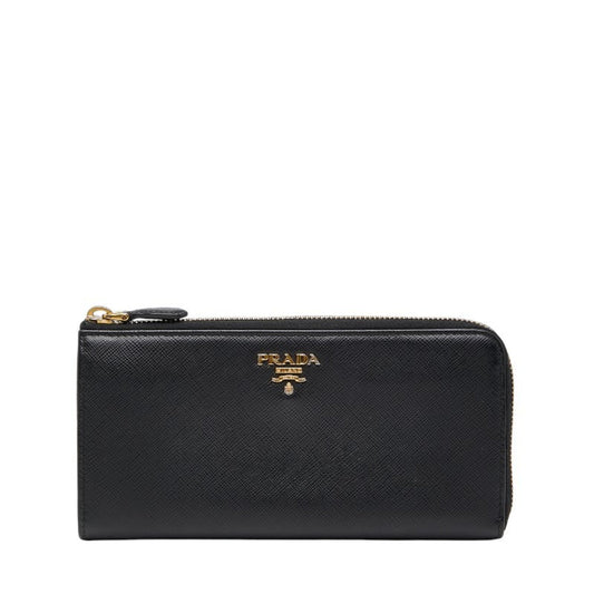 Prada logo long wallet in black Saffiano leather for women.