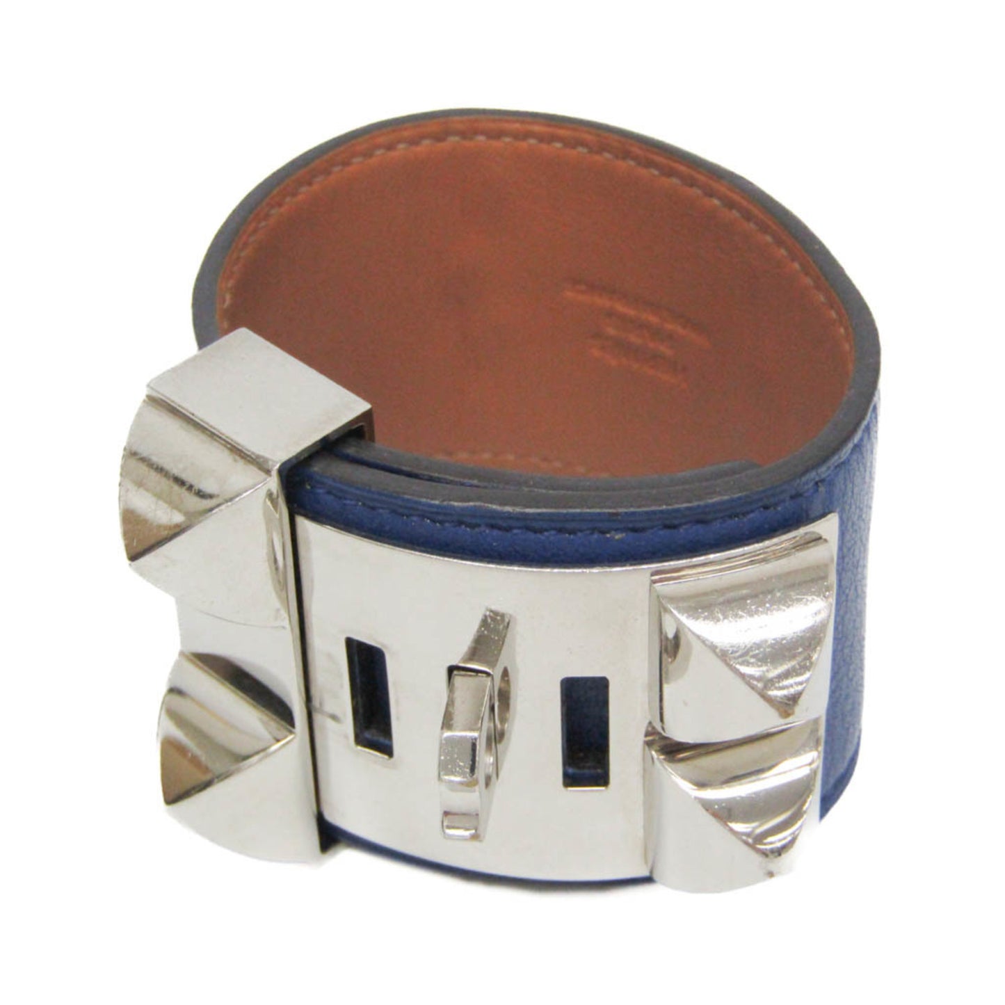Hermes Collier De Chien Leather,Metal Bangle Silver,Bleu Saphir