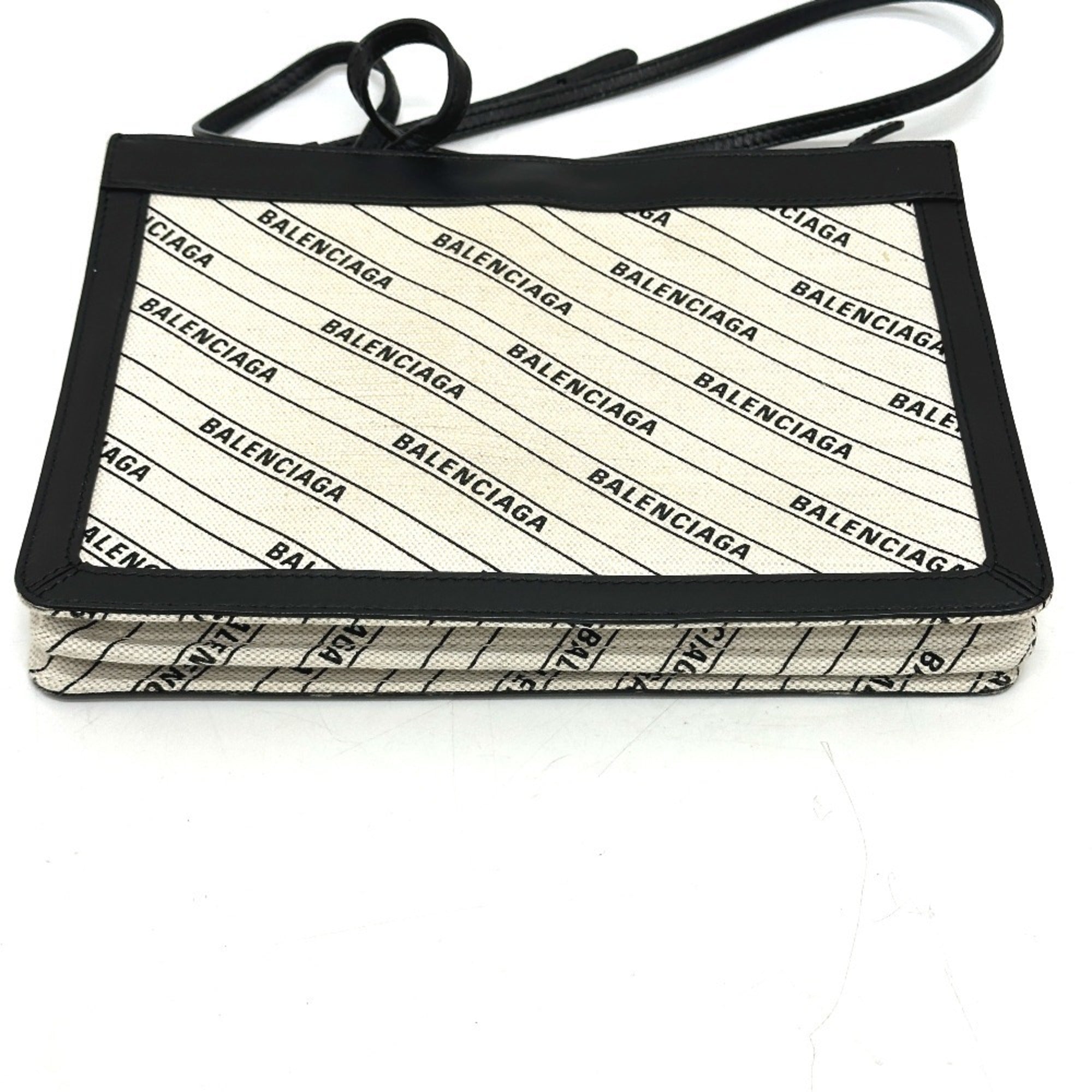 BALENCIAGA 528147 All-over print pochette bag, crossbody, shoulder leather, canvas, women's, white x black, like new — Like New