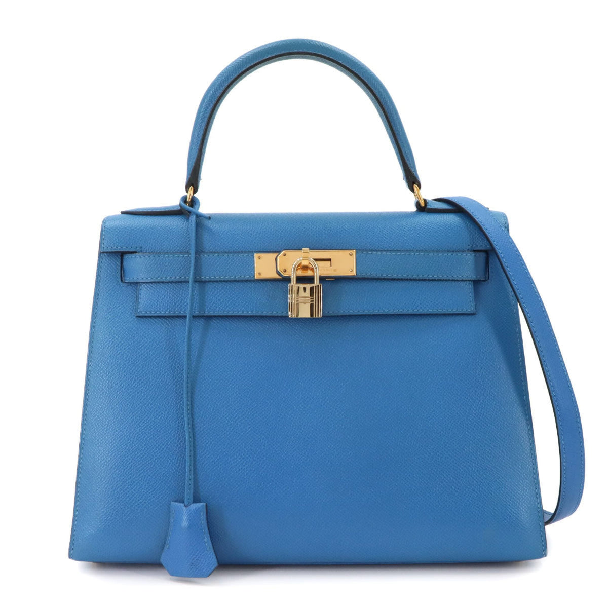 Hermes Kelly 28 2-way Hand/Shoulder Handbag, Courchevel Epsom Leather, Blue France, External Stitching, □A Stamp, Made in 1997, Gold Hardware — Like New