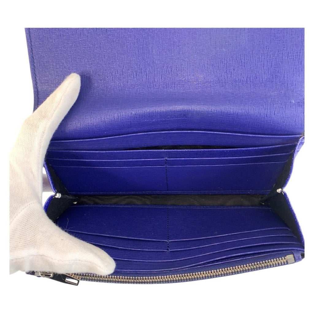 BALENCIAGA Blue and White Leather Long Wallet with Silver Hardware for Women