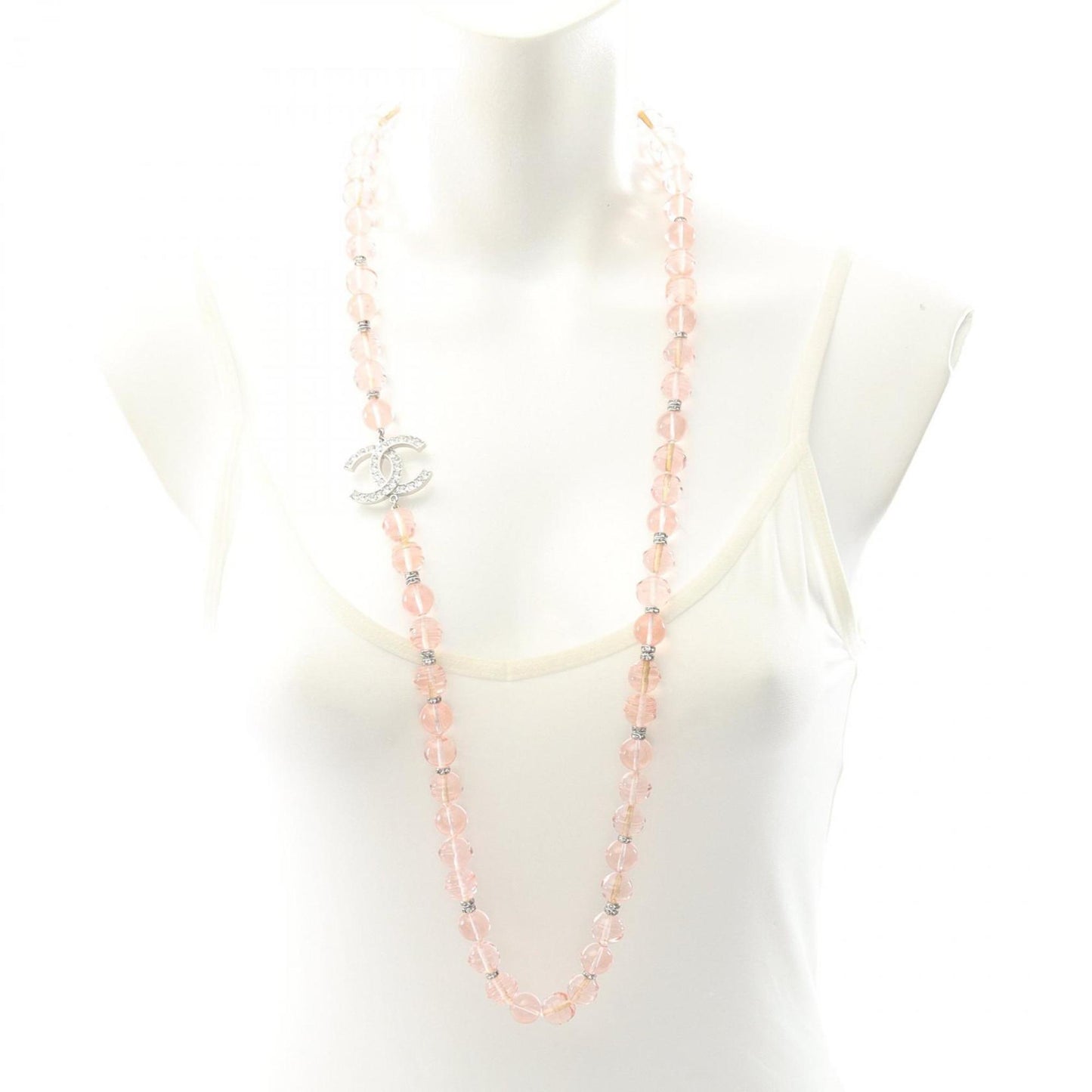 Chanel Coco Mark Necklace, Stainless Steel, Plastic, and Rhinestones, Women's, Silver, Pink, Clear