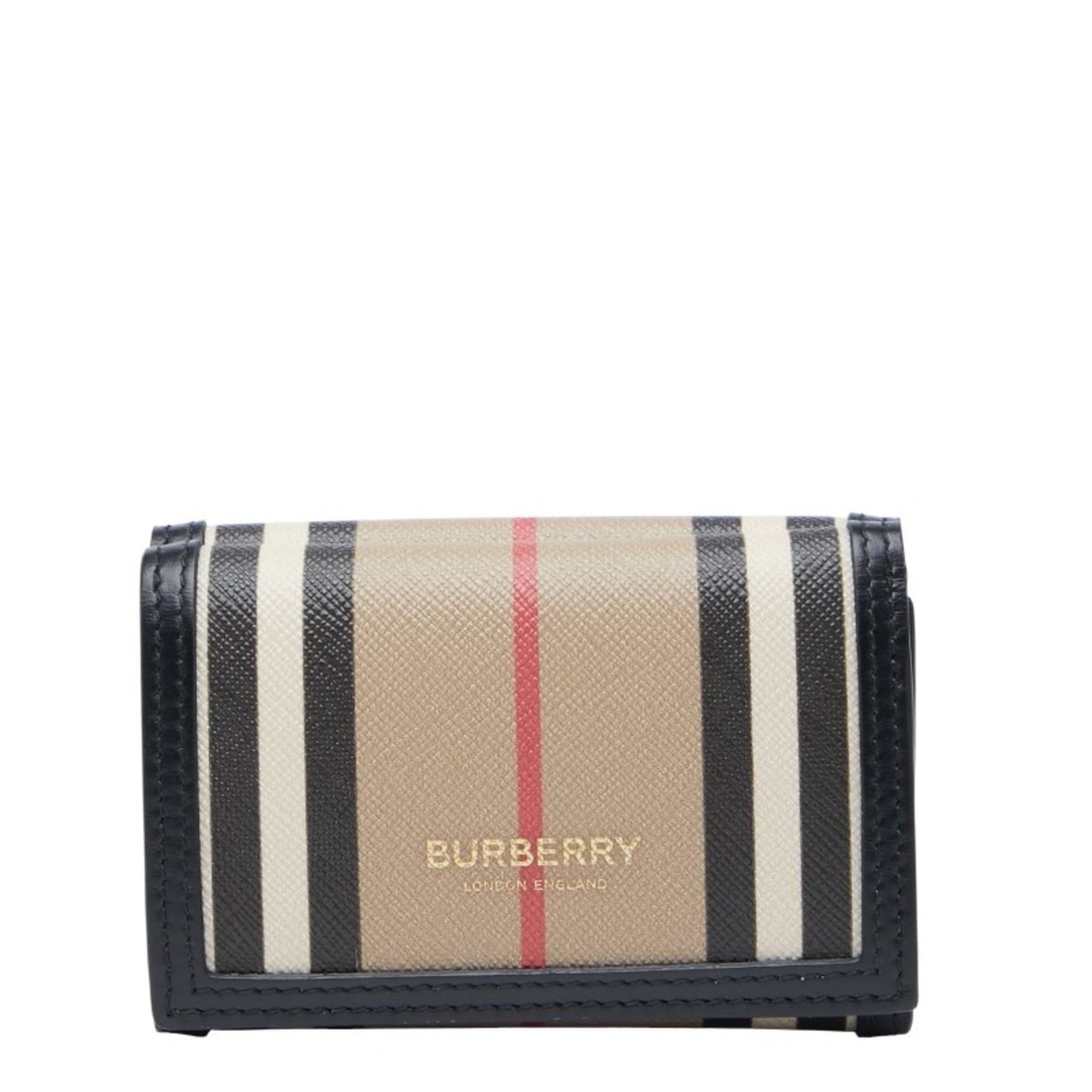 Burberry Icon Stripe Compact Wallet, Tri-fold Beige, Black, Women's, BURBERRY