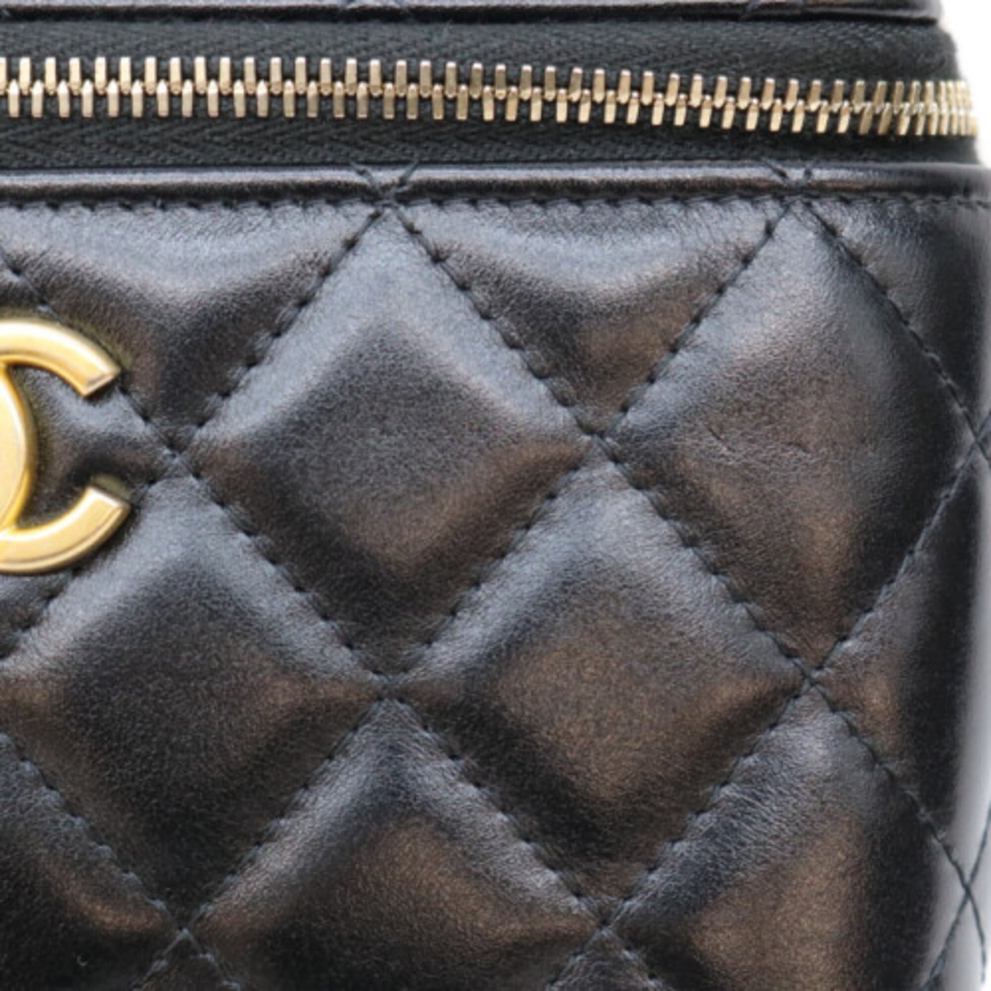CHANEL AP3243 Black Lambskin Gold Hardware Top Handle 2-Way Vanity Bag Shoulder Women's — Like New