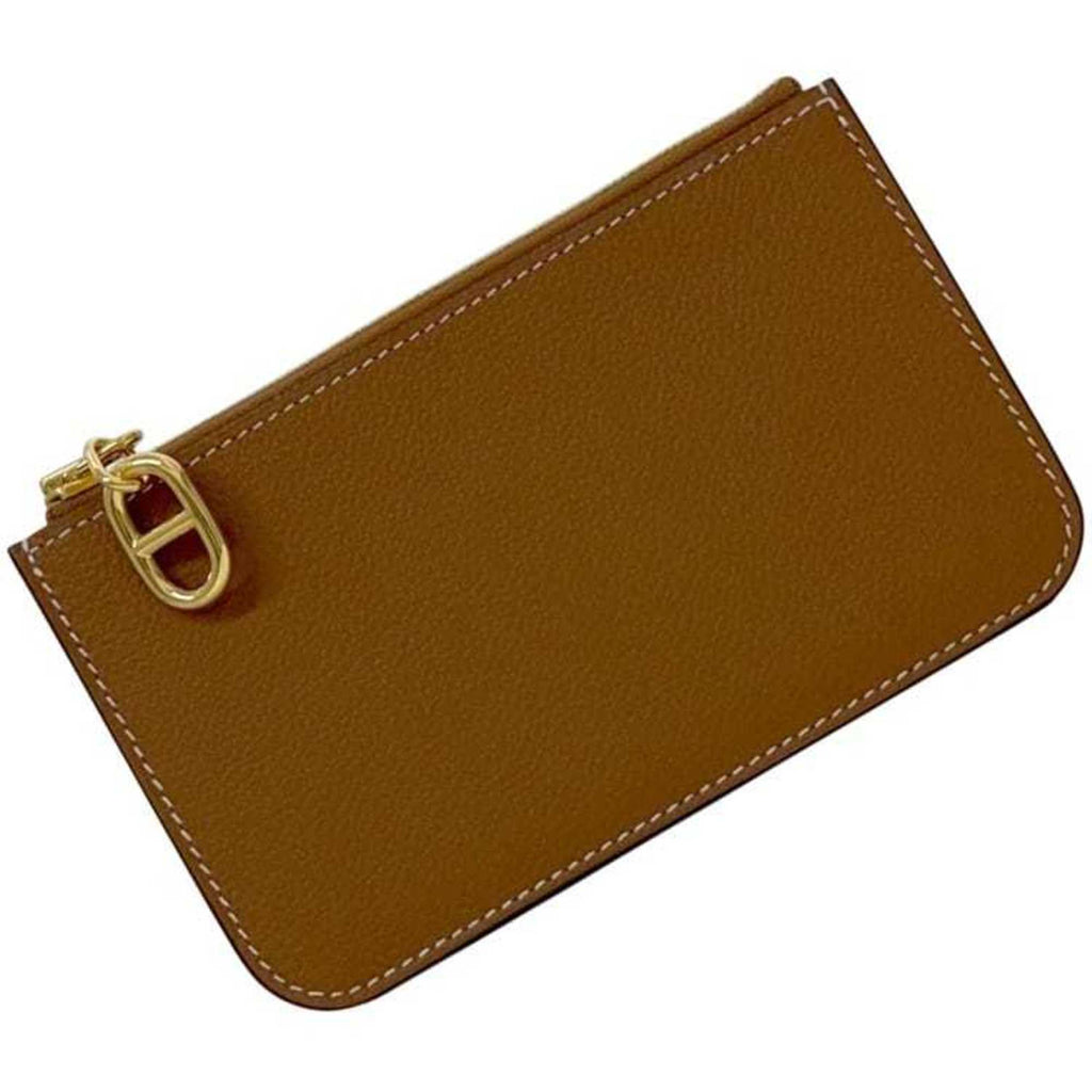 Hermes Hermès Zip Ango PM card case, f-24796, camel brown with gold coin purse and leather, Evercolor K stamp, made in 2025. This Chaine mini pouch wallet is brown.
