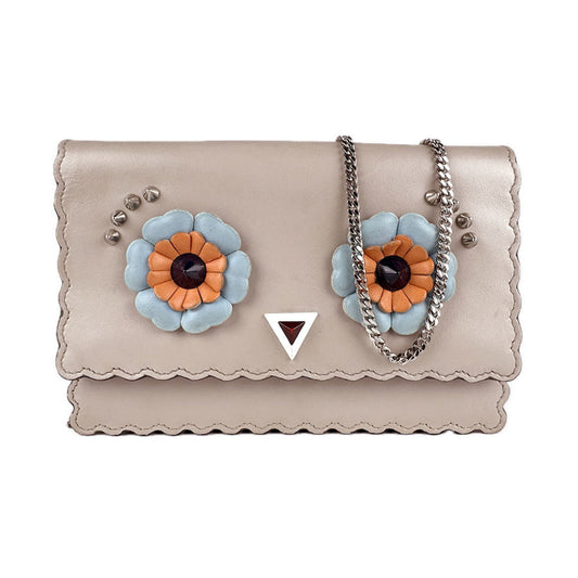 Fendi Women's Chain Wallet in Beige Leather and Metal, 8M0346-9JQ (z7875)