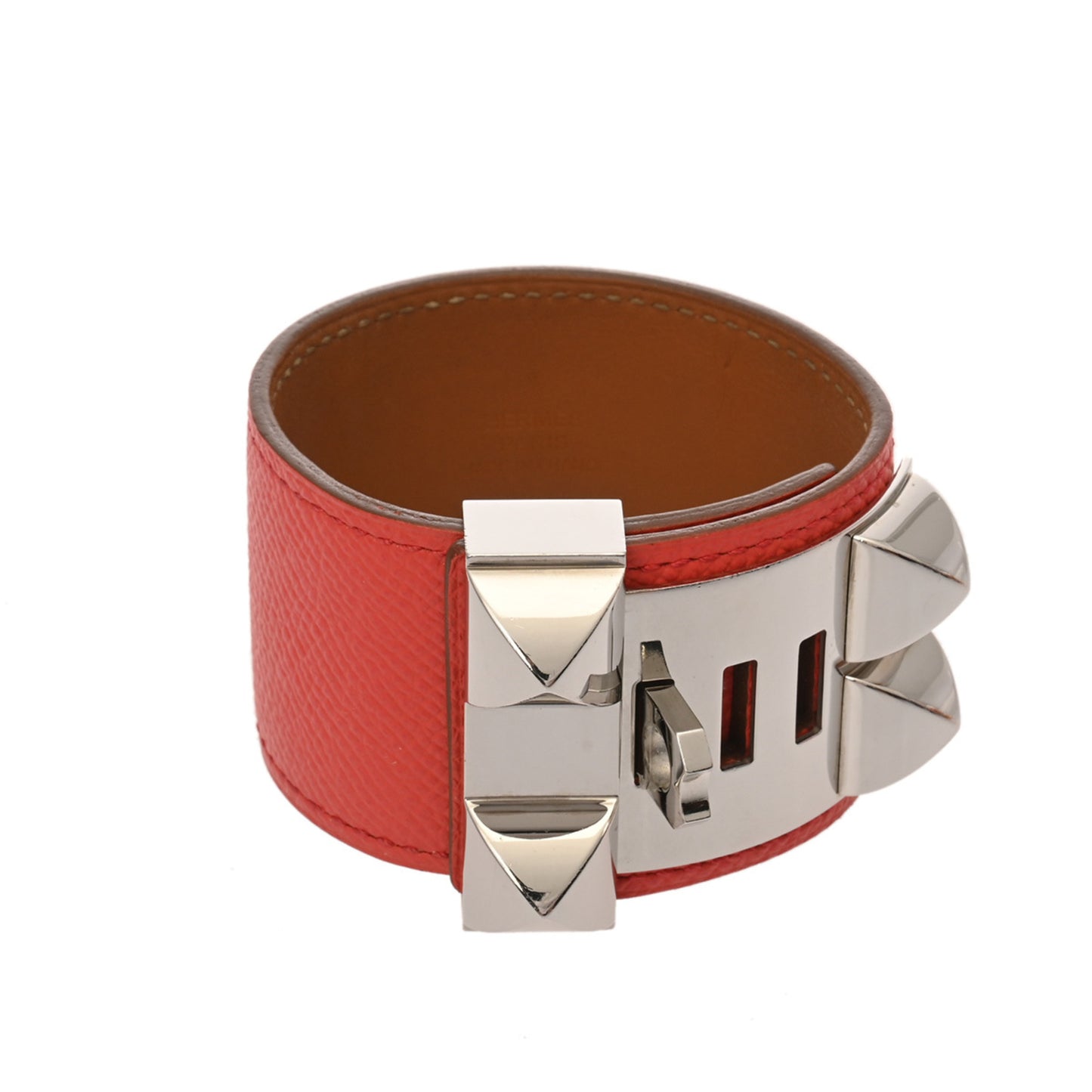 HERMES Collier de Chien GM Rose Jaipur Silver Hardware T Stamp (circa 2015) Unisex Epsom Leather Bracelet