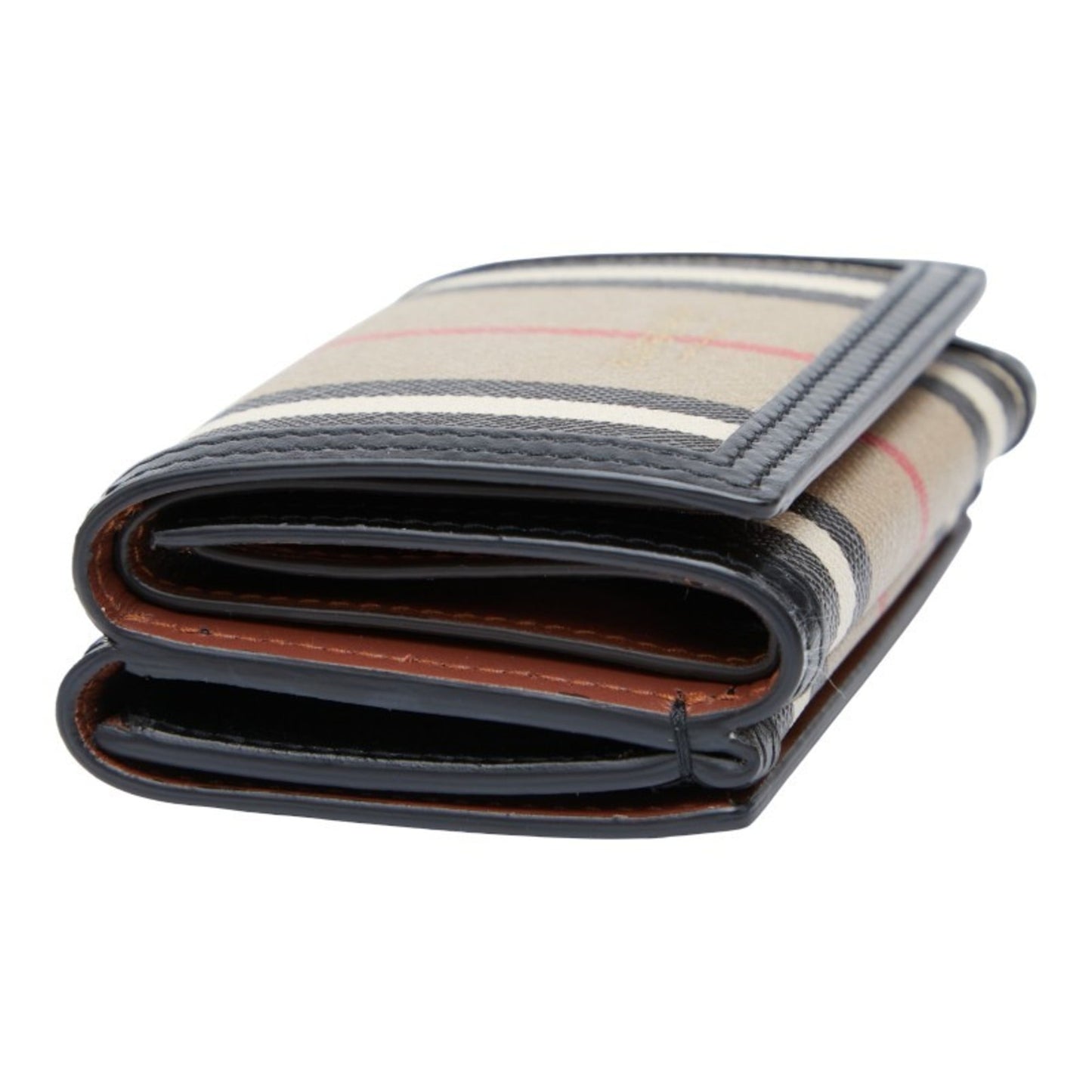 Burberry Icon Stripe Compact Wallet, Tri-fold Beige, Black, Women's, BURBERRY