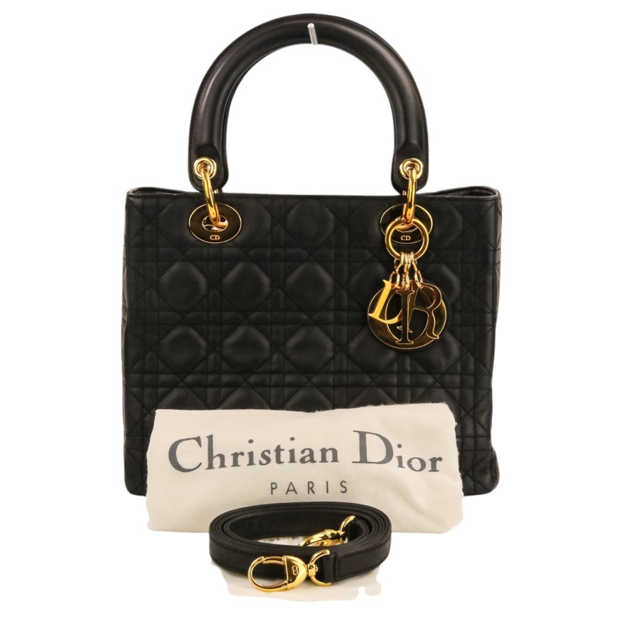 Christian Dior Lady Cannage Leather 2-way Handbag/Shoulder Bag, Black, Women's — Like New